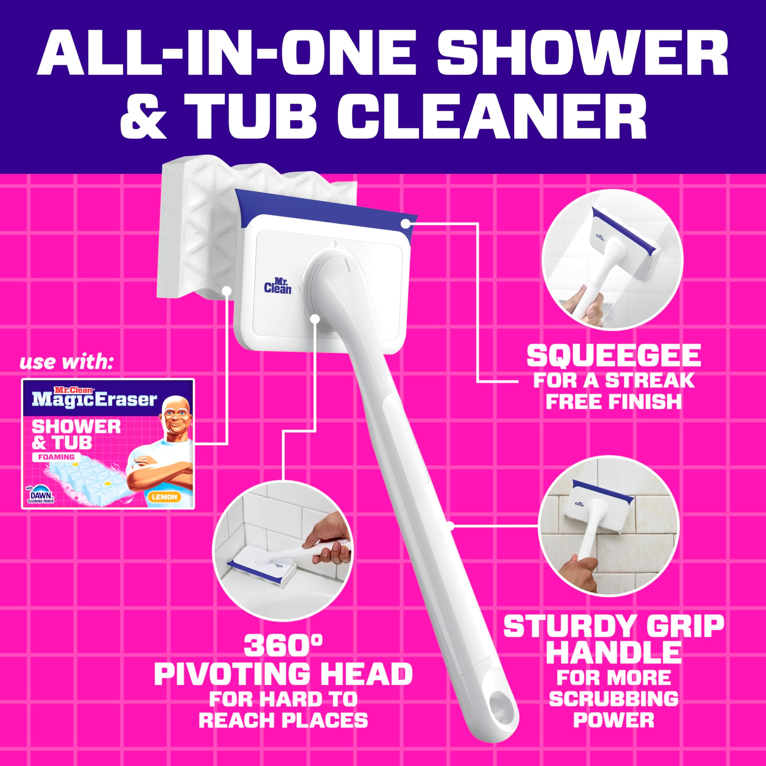 Mr. Clean Magic Eraser Shower & Tub Scrubber Starter Kit - 1 Device with 2 Lemon Foaming & Extra Durable Refills - view 8