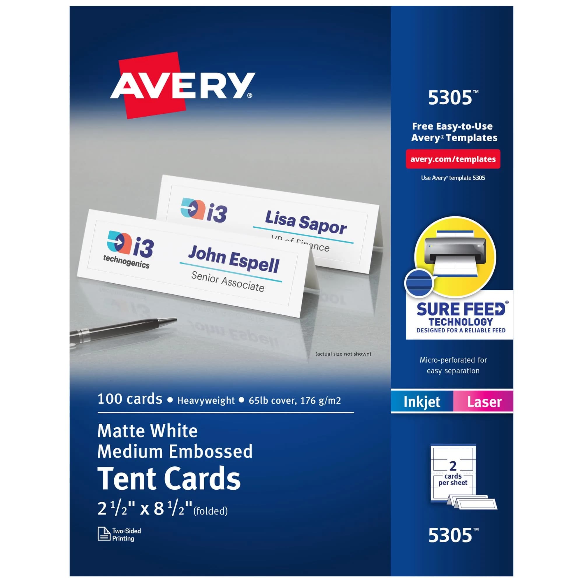 Avery Printable Tent Cards, 2.5" x 8.5", Matte White, 100 Place Cards | Customizable, Heavyweight Cardstock, Perfect for Events - main product image