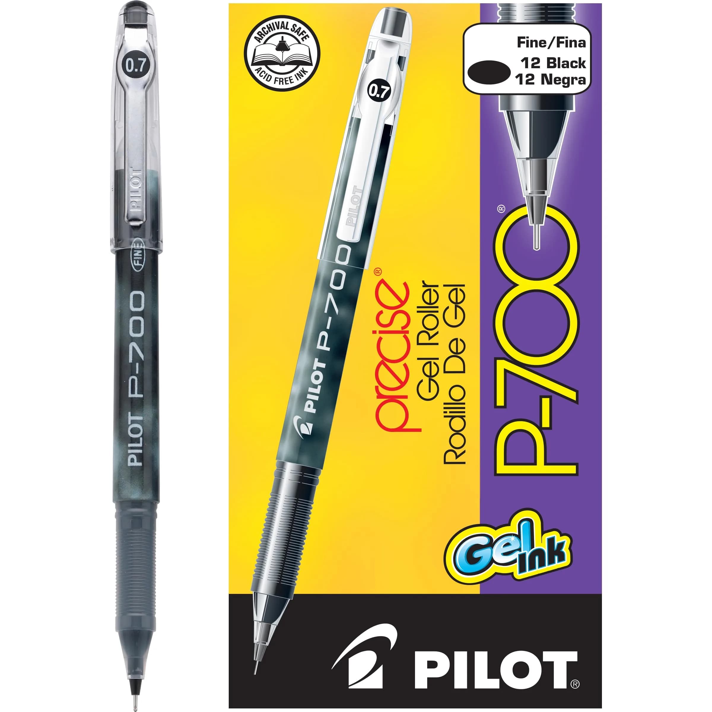 Pilot Precise P-700 Gel Ink Rolling Ball Pens, Fine Point 0.7mm, Black Ink, 12 Count | Smooth Writing Gel Pens - main product image