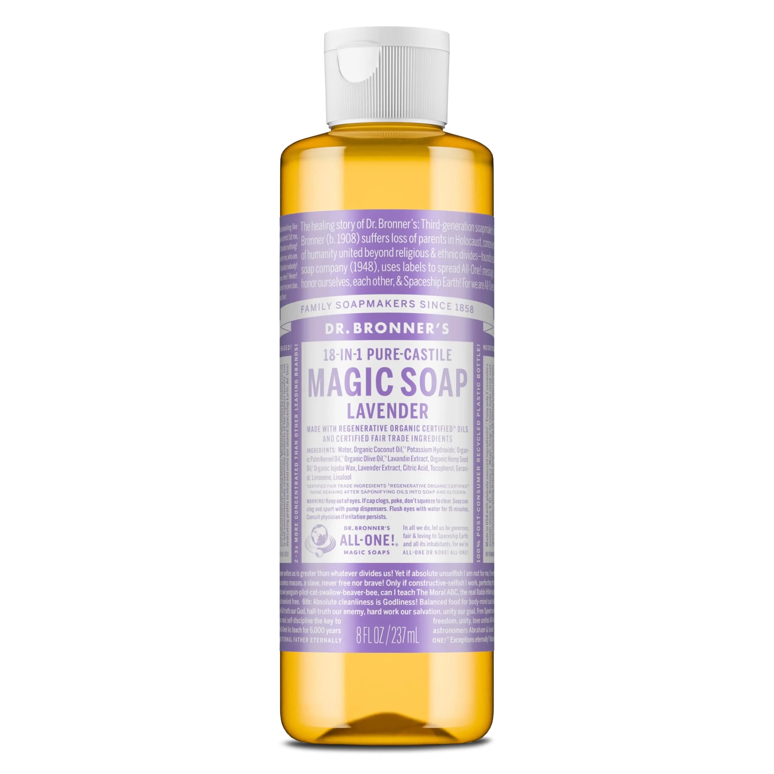 Dr. Bronner's Pure-Castile Liquid Soap Lavender 236ml (8 Fl Oz) | Gentle Face, Body, Baby & Sensitive Skin Cleanser - main product image