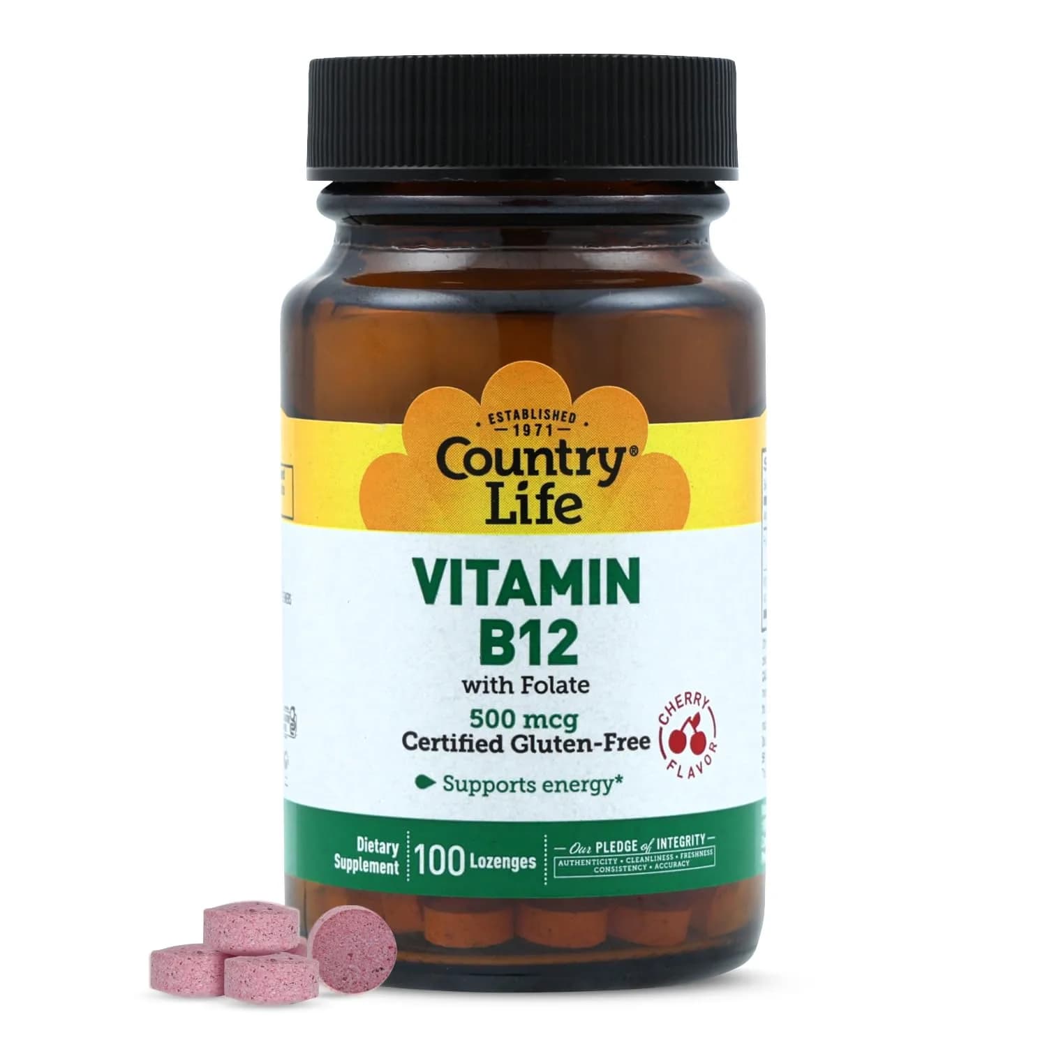Country Life Vitamin B12 with Folate 500mcg | Supports Energy & Red Blood Cell Production (100 Lozenges) - main product image