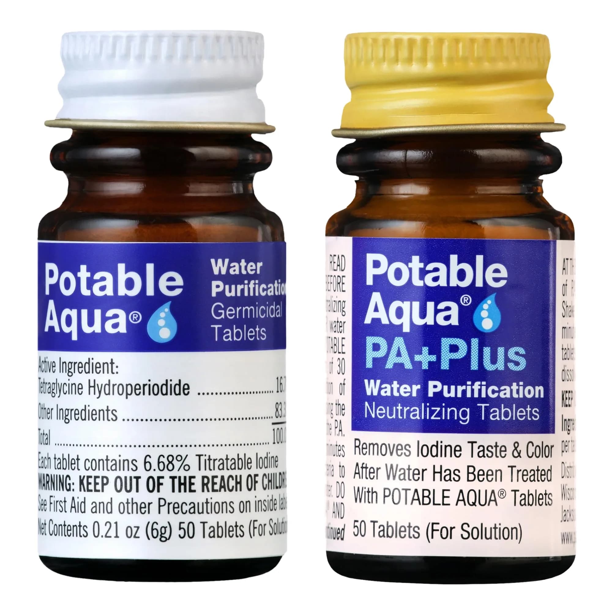 Potable Aqua Water Purification Tablets with PA Plus - 100 Count (50+50) | Disinfects Water for Hiking & Emergencies - main product image