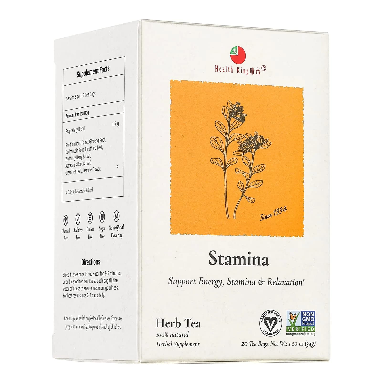 Health King Stamina Herb Tea, Teabags, 20 Count Box | Natural Energy & Relaxation - main product image