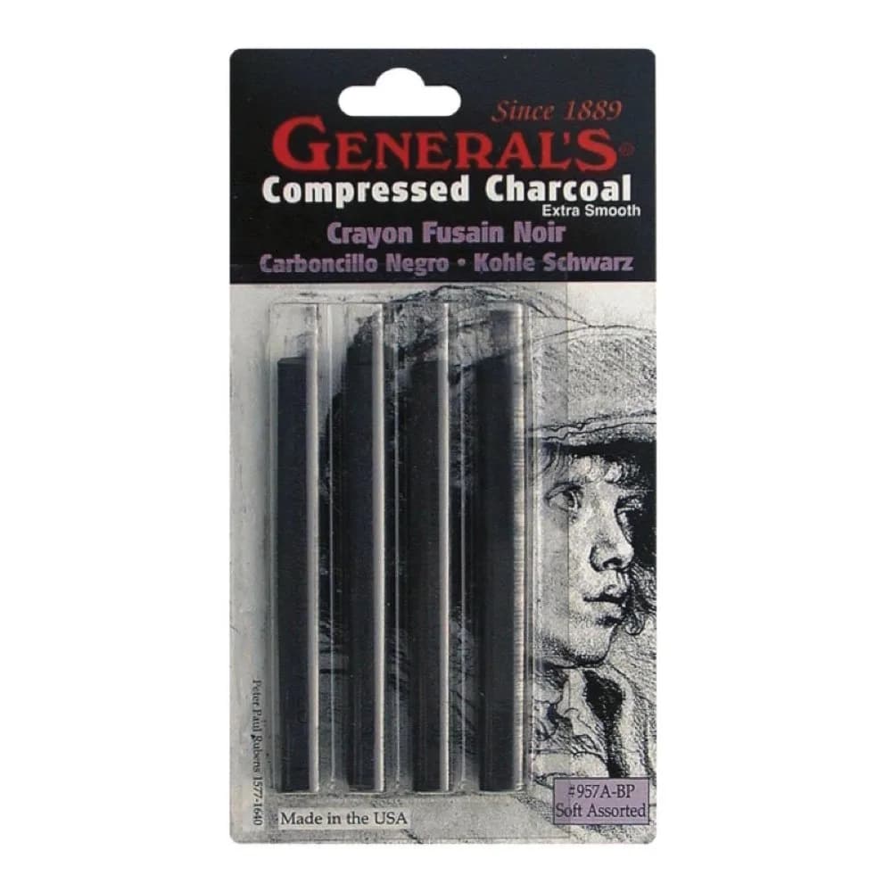 General's Compressed Charcoal Sticks 4 Count (Black - Soft Assorted) | Blendable Drawing Media - main product image
