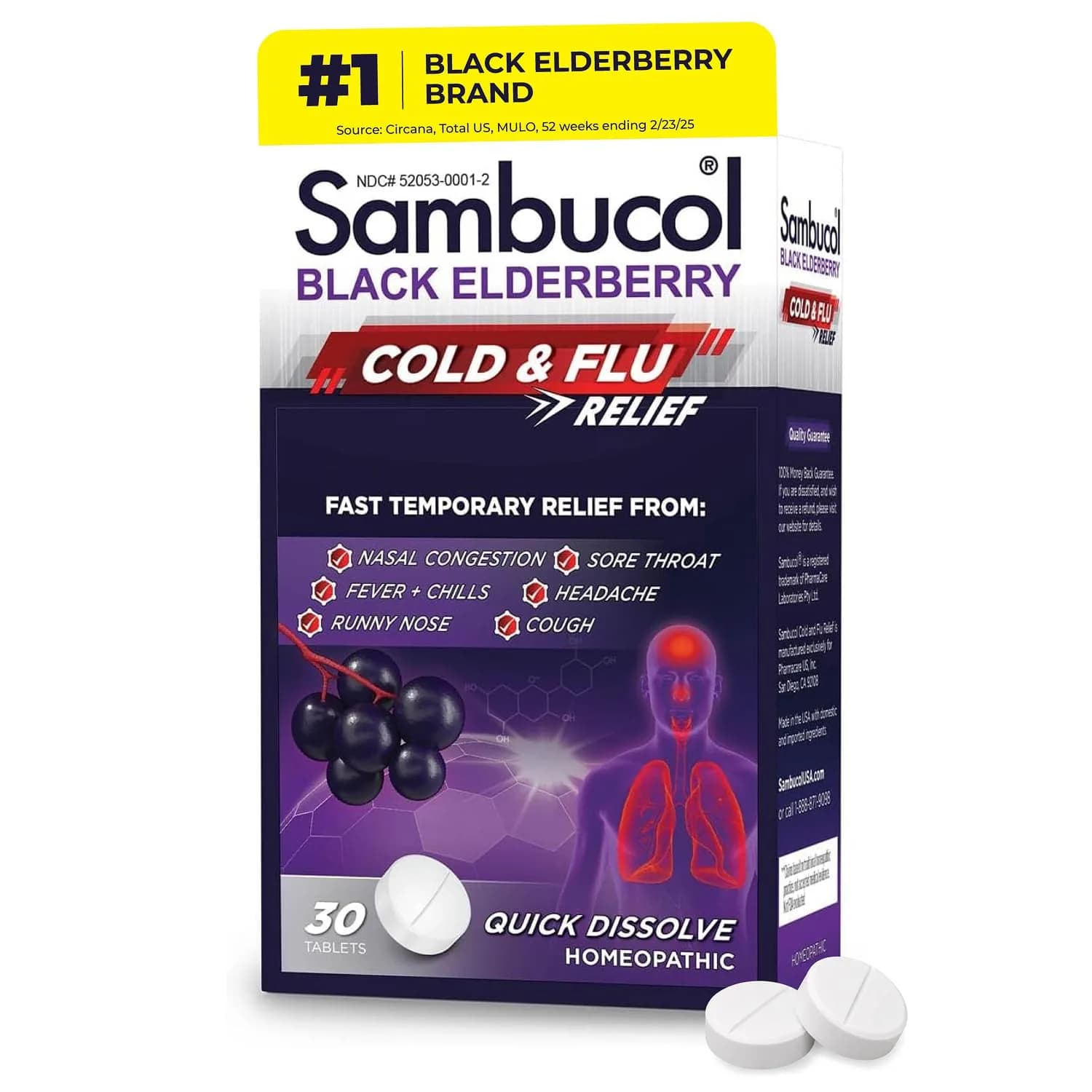 Sambucol Cold and Flu Relief Tablets - 30 Count | Fast-Dissolving Elderberry Remedy for Adults & Kids - main product image