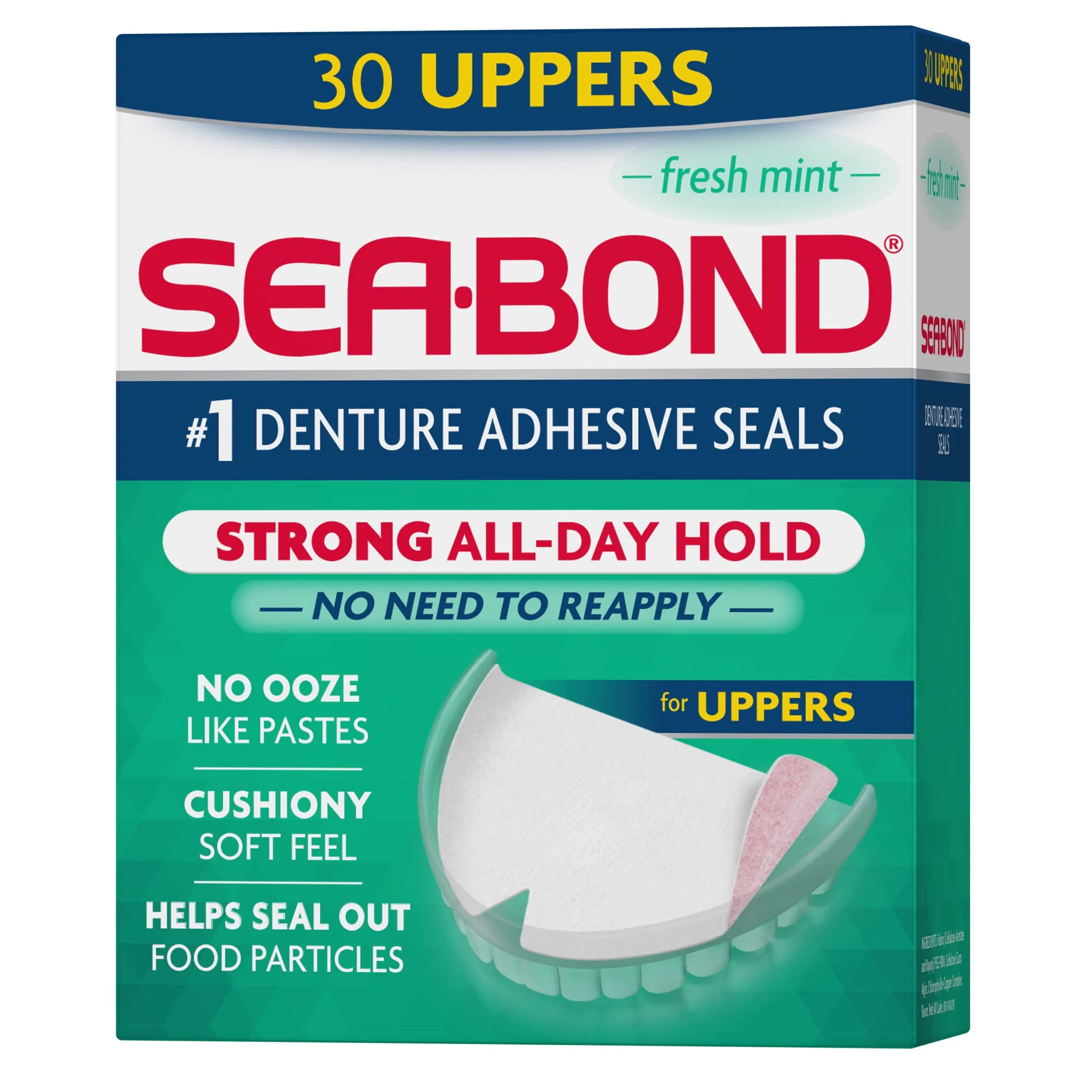 Sea-Bond Fresh Mint Denture Adhesive Seals for Uppers, 30 Count (1 Pack) | Zinc-Free All-Day Hold - main product image