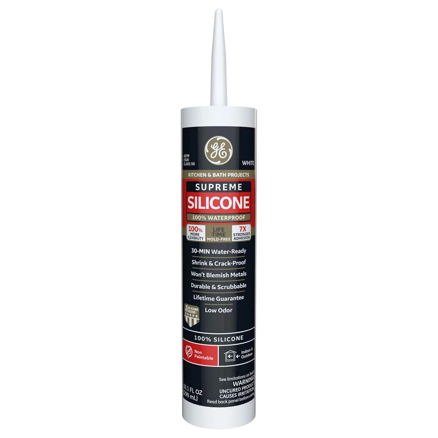 GE Supreme Silicone Caulk for Kitchen & Bath, White, 300ml (10.1 fl oz) | Waterproof & Mildew-Resistant Sealant - main product image