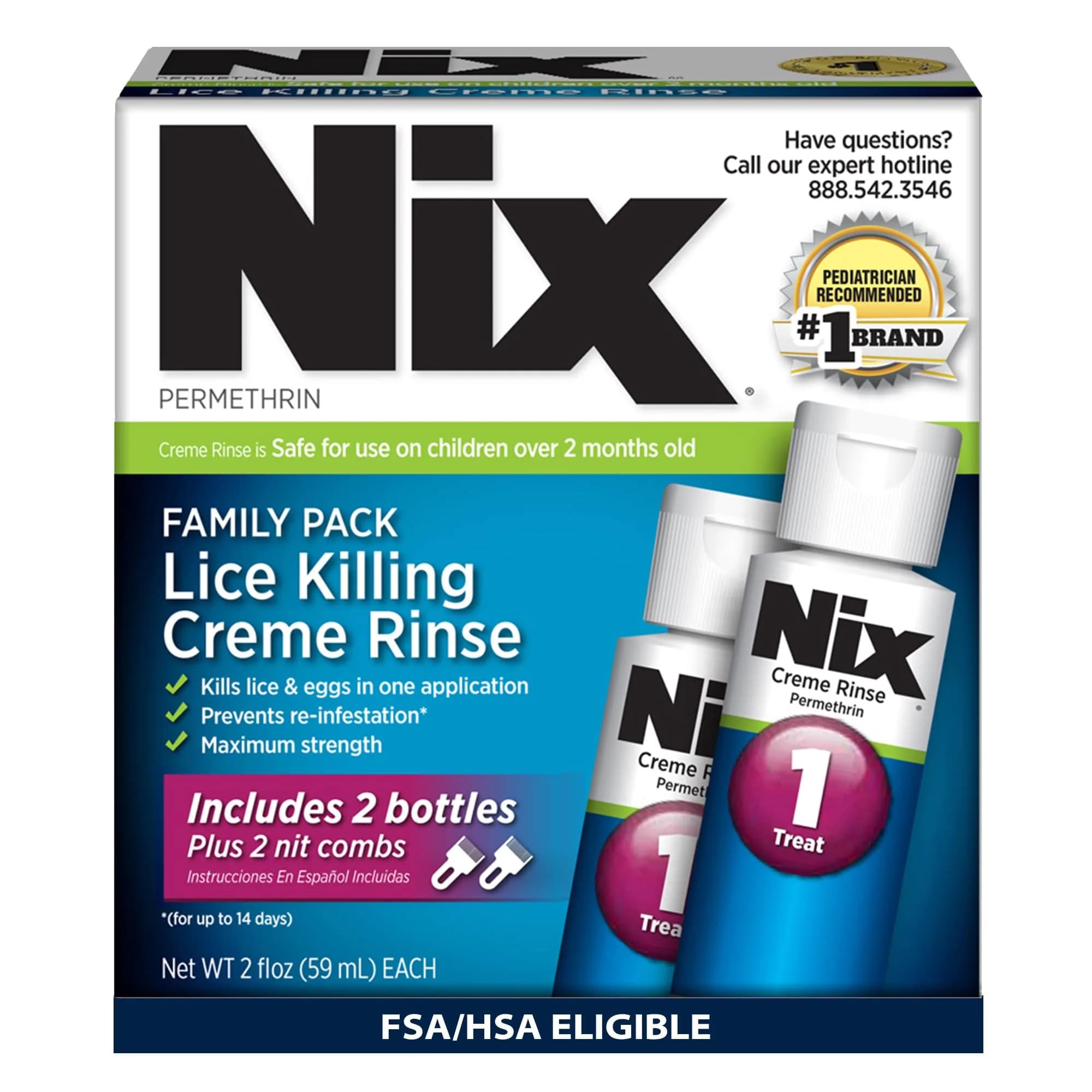 Nix Lice Treatment Family Pack Permethrin Crème Rinse 4 Fl Oz (2x2 Fl Oz Bottles) & 2 Lice Combs | Kills Lice and Eggs - main product image