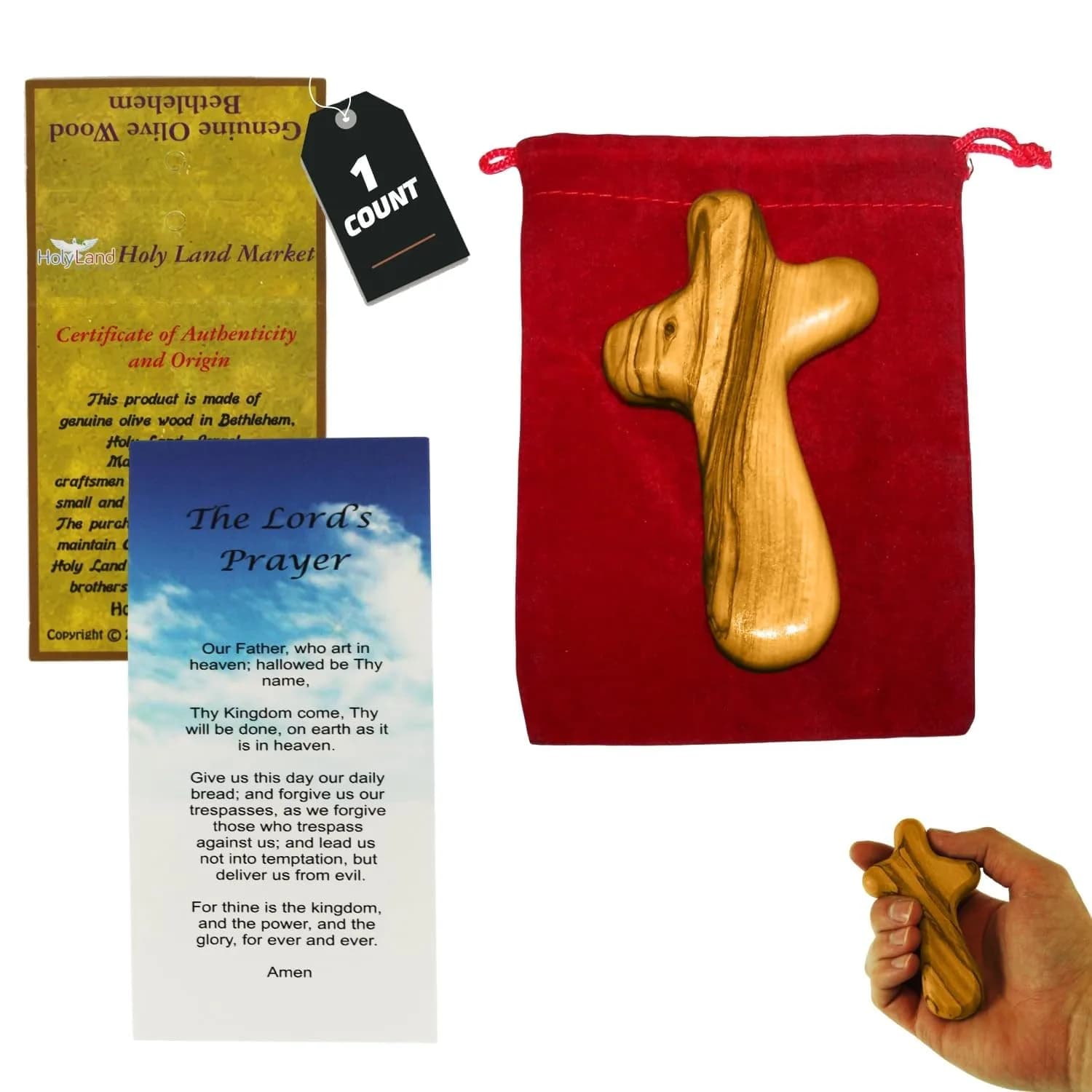 Holy Land Market Olive Wood Comfort Cross 4 Inch | Handcrafted Bethlehem Faith Symbol - main product image