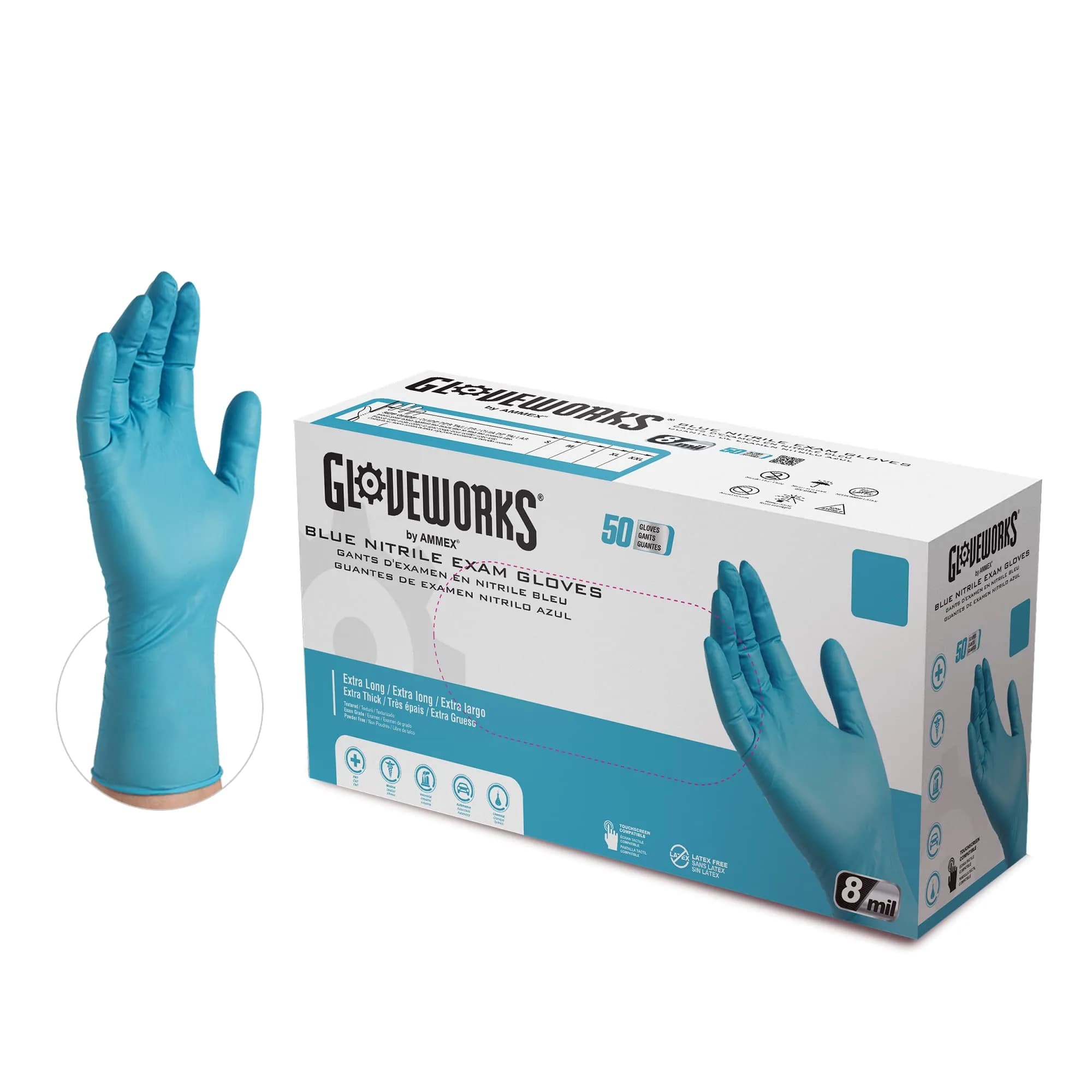 GLOVEPLUS HD Medical Blue Nitrile Gloves 8 mil, 12" Long | Powder-Free, Textured, Latex-Free, Extra Large - main product image
