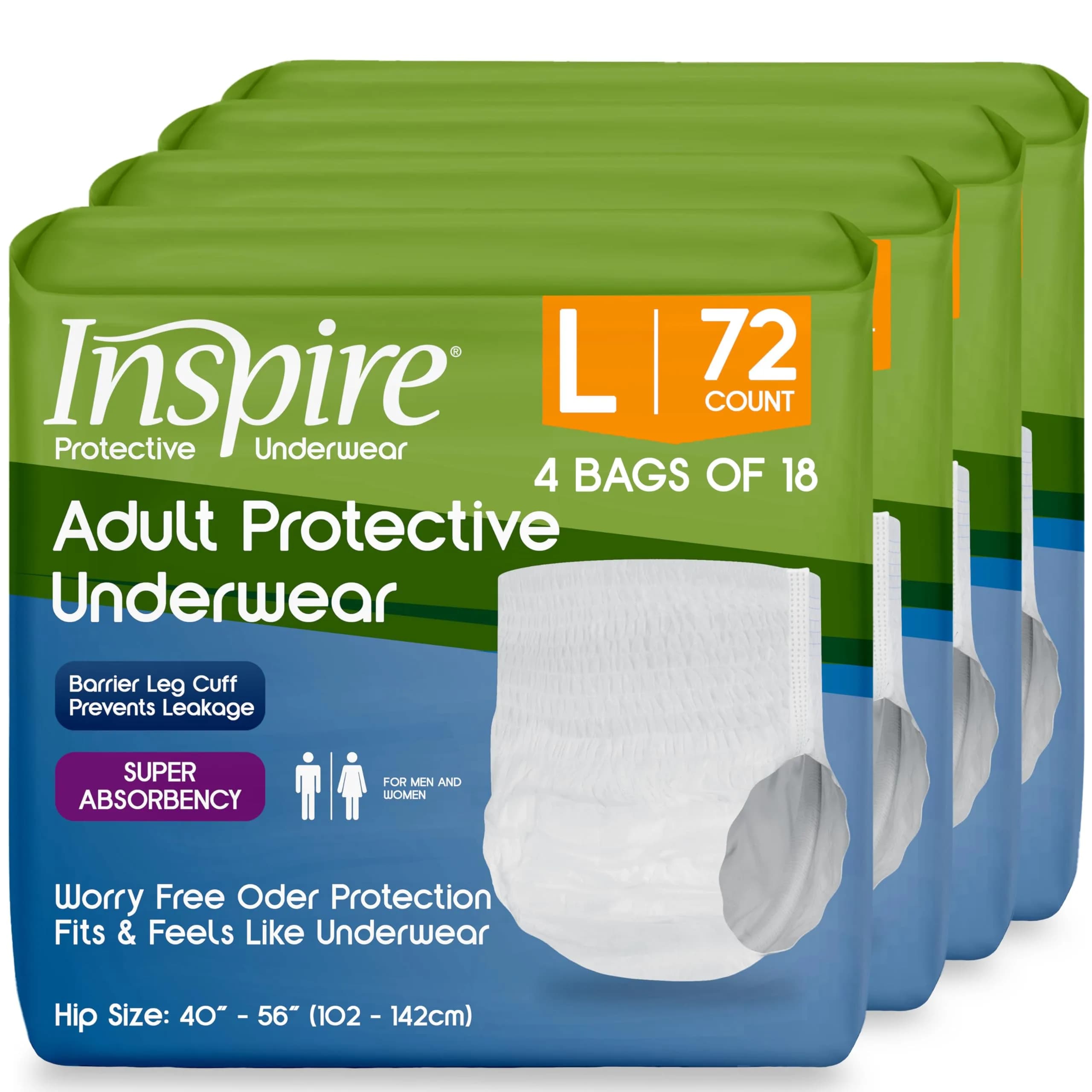 Inspire Protective Underwear for Men and Women | Adult Diapers for Bowel Incontinence | Disposable Underwear for Women and Men - 4 Bags of 18 | 72 Total (Large) - main product image