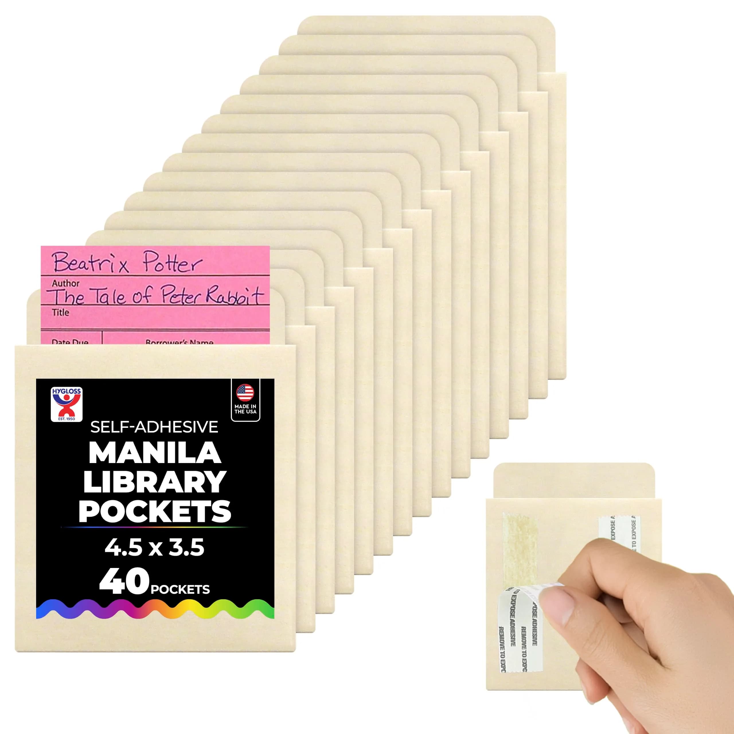 Hygloss Manila Library Pockets Self-Adhesive 4.5 x 3.5 Inches (40 Pack) | Acid-Free Paper for Lasting Organization - main product image