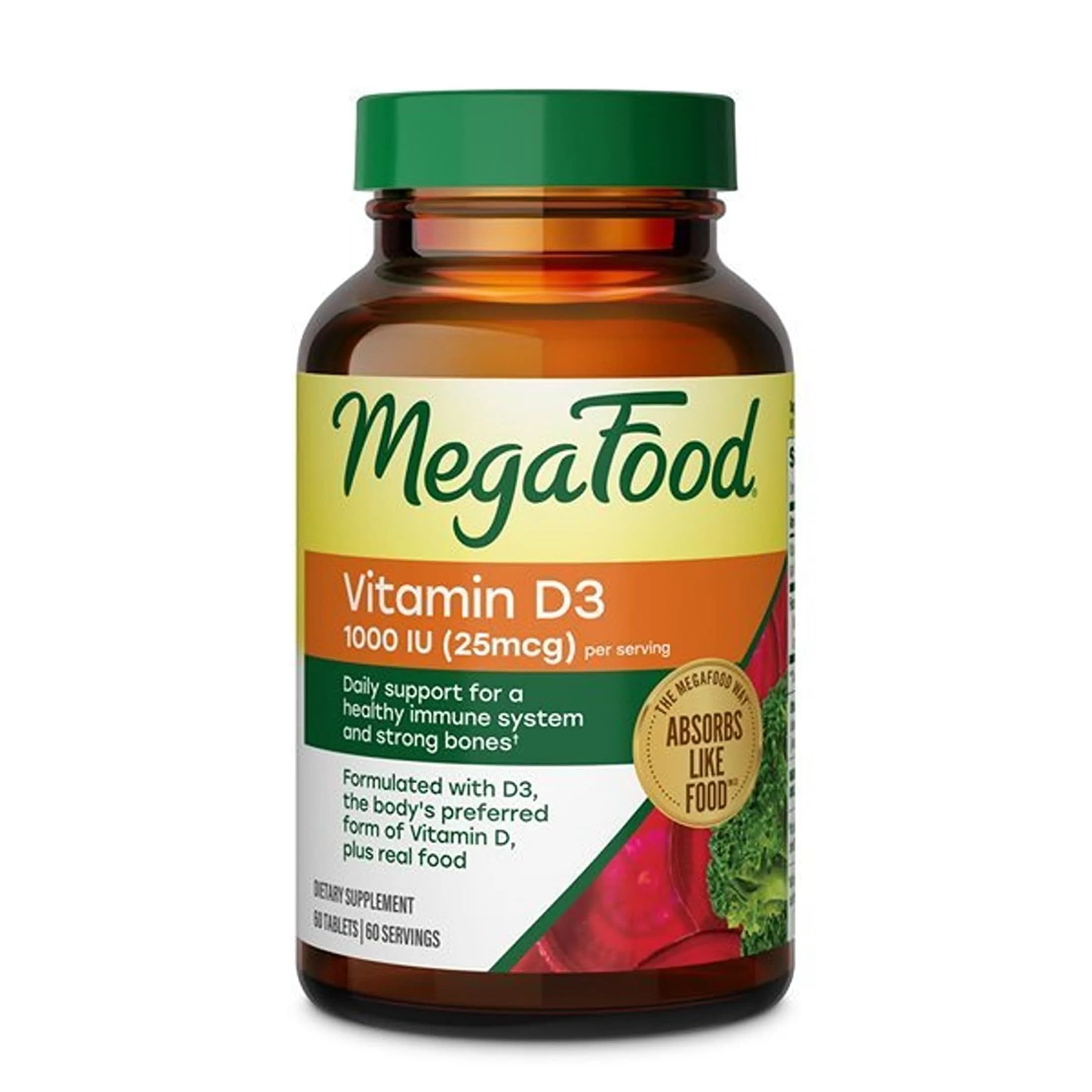 MegaFood Vitamin D3 1000 IU (25 mcg), Bone & Immune Support, 60 Tablets | Supports Bones, Teeth, Muscles & Immunity - main product image