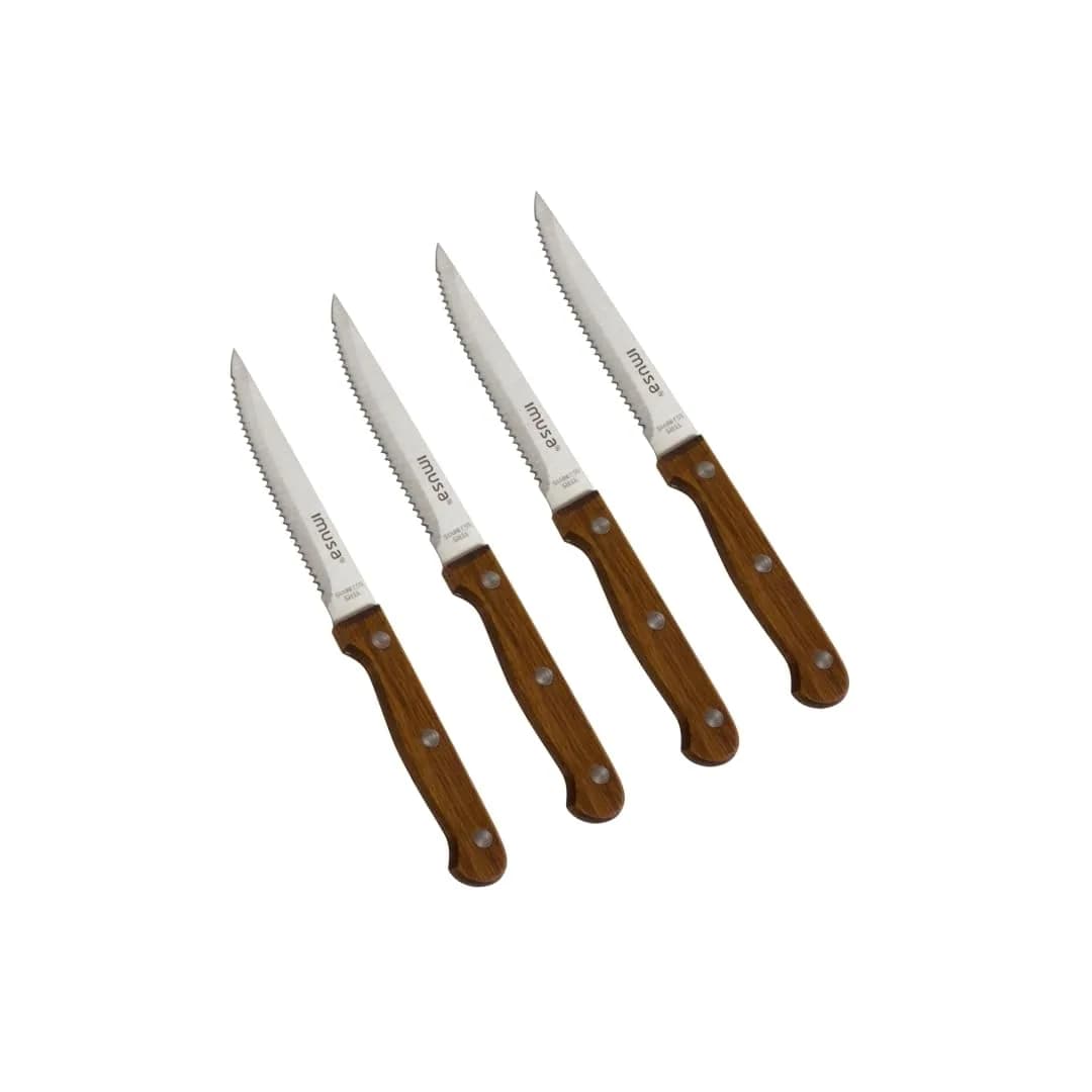 IMUSA 4 Piece Stainless Steel Steak Knife Set with Wood Handle | Serrated Edges for Precision Cutting - main product image