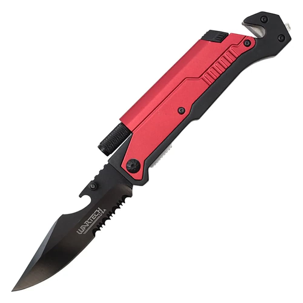 Wartech YC-S-9045-RD Spring Assisted 8.5" Folding Knife | Multi-Purpose Outdoor Tool with LED & Fire Starter - main product image