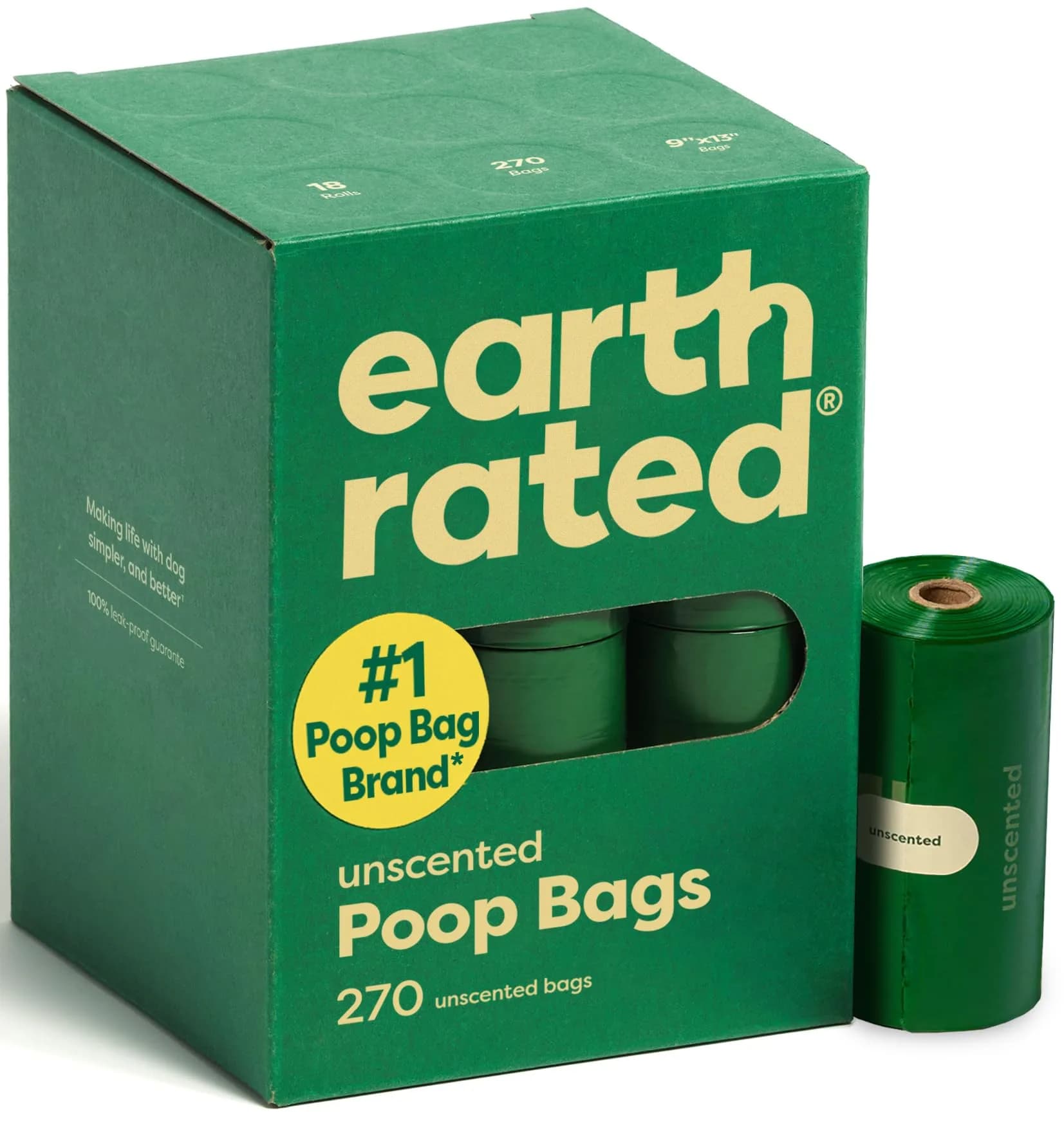 Earth Rated Dog Poop Bags on Refill Rolls 270 Unscented | Leak-Proof, Extra Thick, Recycled Material - main product image