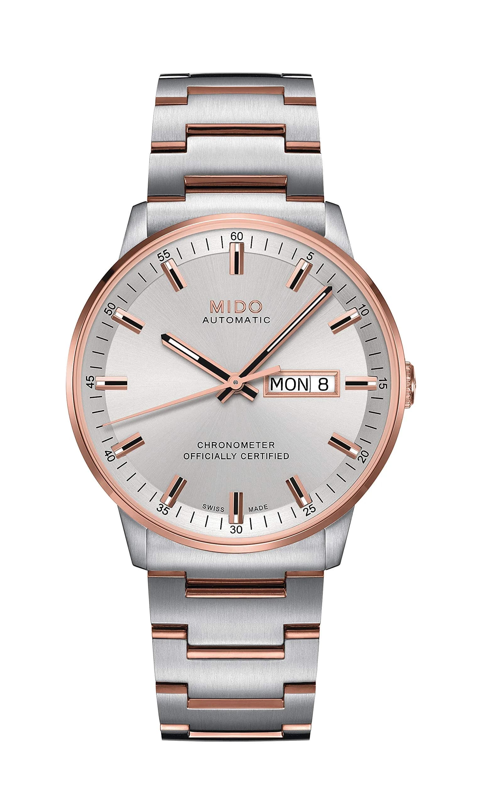 MIDO Commander Chronometer Swiss Automatic Watch for Men - Silver Dial - 40mm Stainless Steel Case with Rose Gold PVD Bezel & Bracelet - main product image