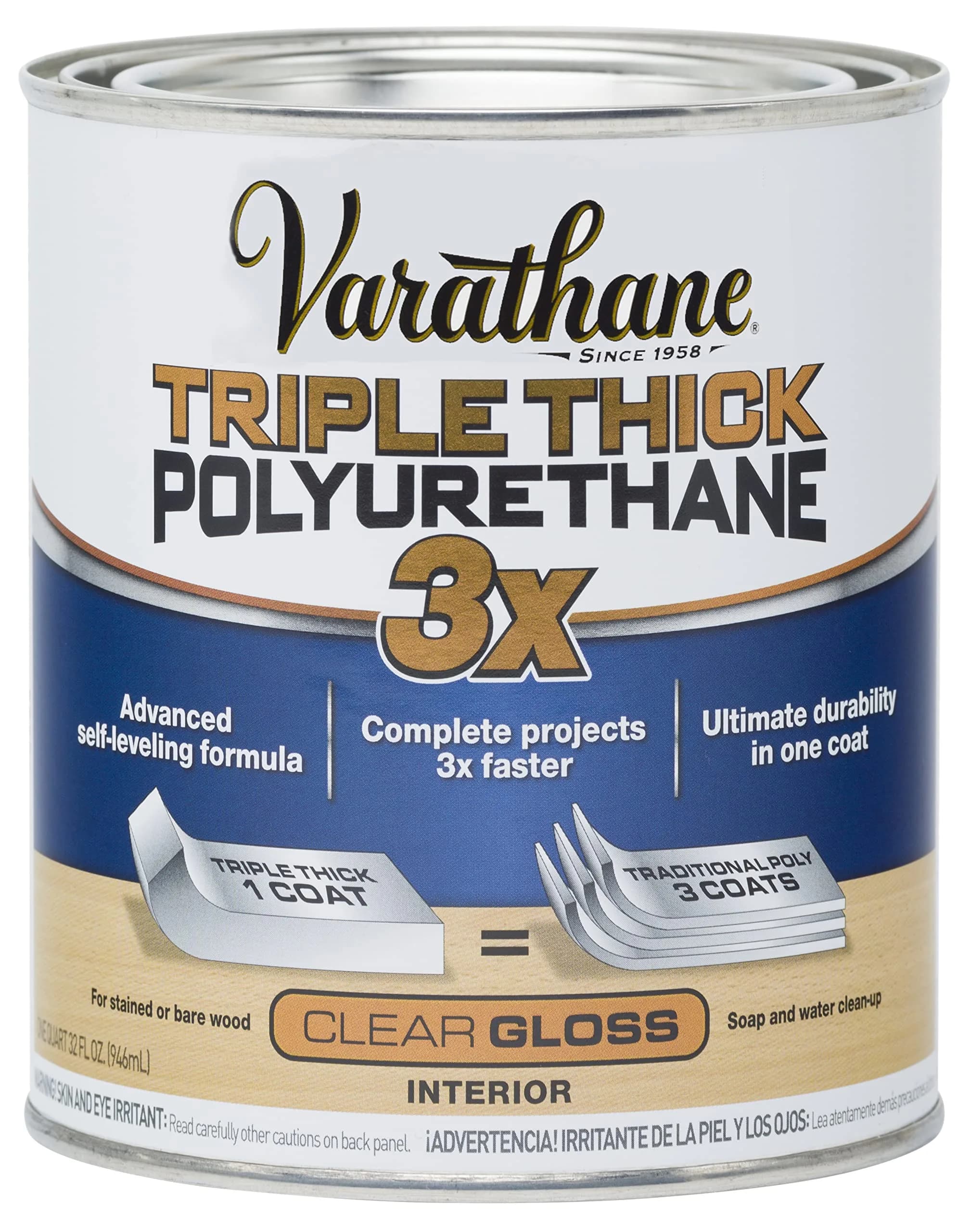 Varathane Triple Thick Polyurethane Gloss Wood Finish | 1 Quart, Self-Leveling, 3X Thicker, Fast Drying, Clear Gloss - main product image