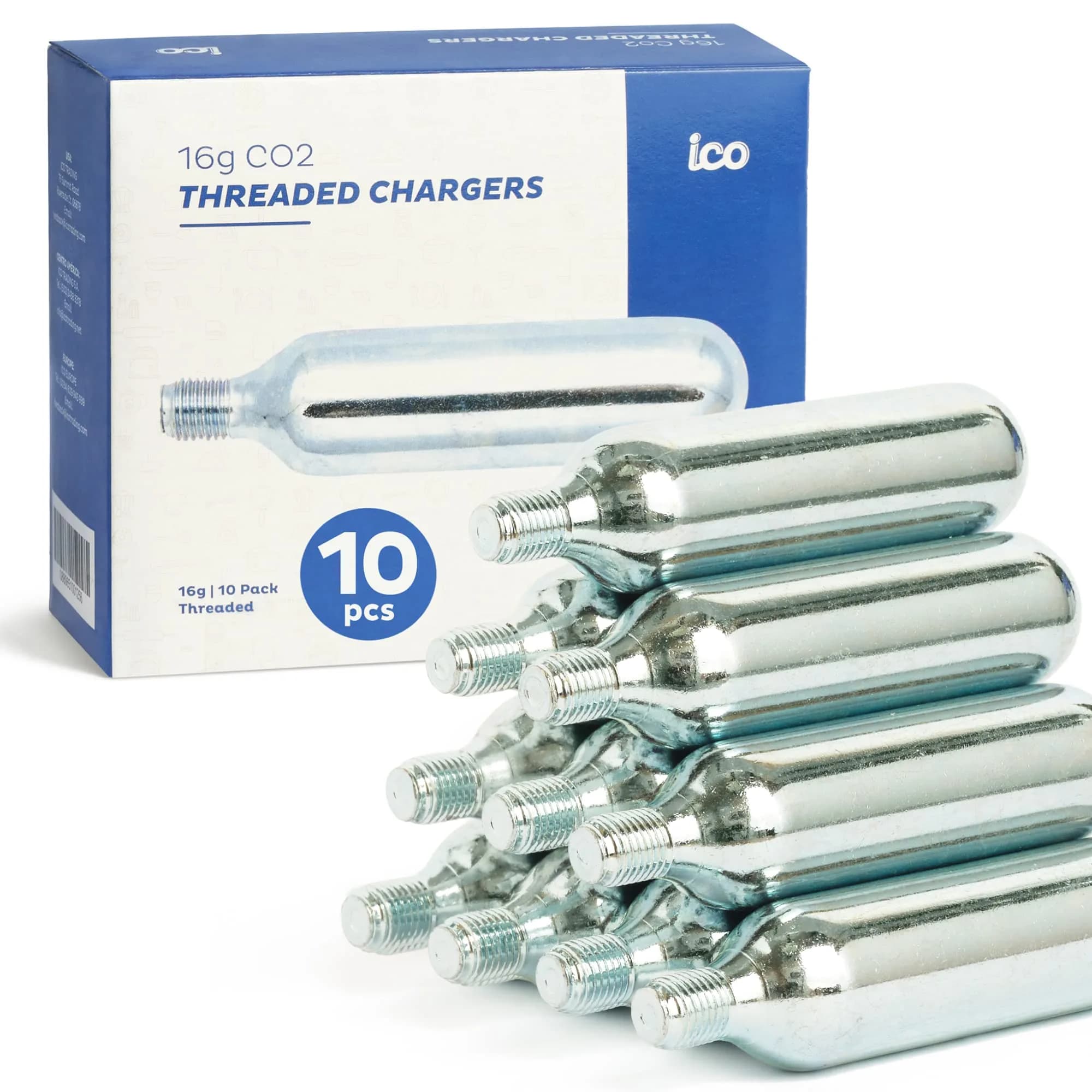 ICO Threaded CO2 Cartridges 16g | Instant Bike Tire Inflation, Food Grade, 10 Pack - main product image