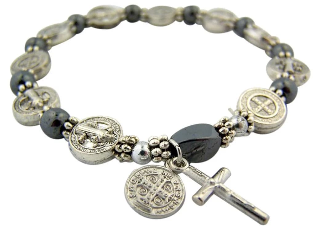 CB Silver Tone Saint Benedict Medal Hematite Bead Rosary Bracelet, 7.5 Inch | Patron of Monks & Against Evil - main product image