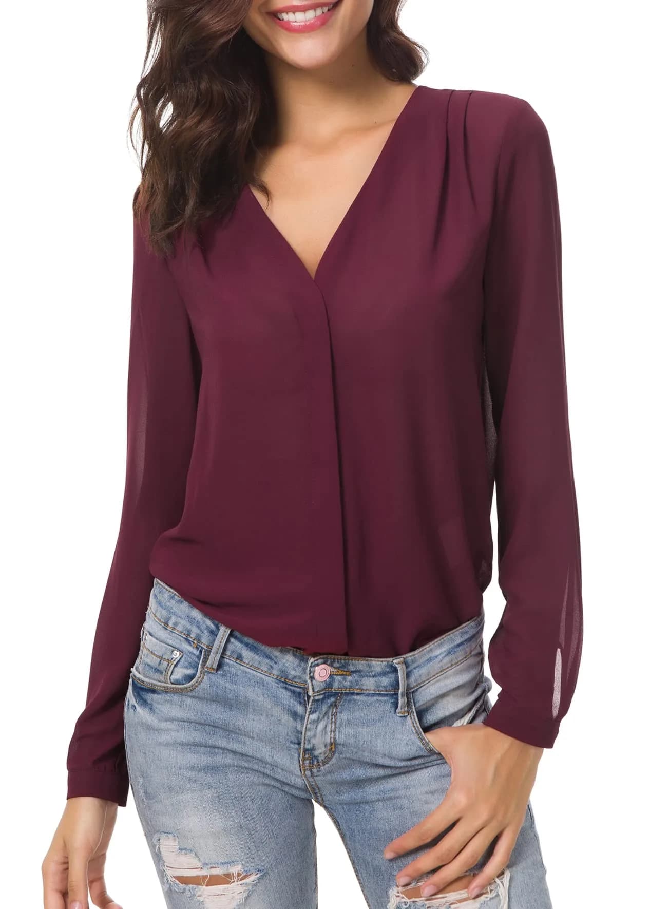 Urban CoCo Womens V Neck Ruffled Shoulder Blouse X-Large | Sheer Chiffon, Business Casual, Pink - main product image