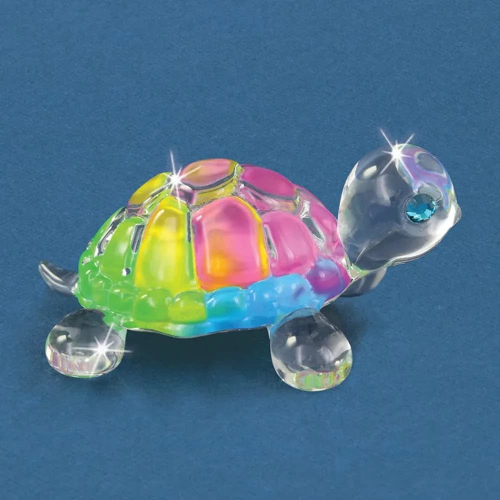 Glass Baron Rainbow Snow Cone Small Turtle Figurine with Crystal | Handcrafted Glass Decor, Rainbow Colors, Swarovski Eyes
