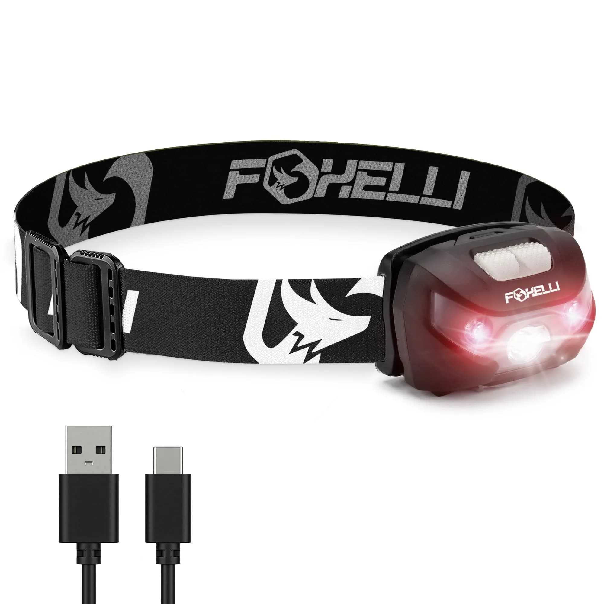 Foxelli USB-C Rechargeable LED Headlamp 160 Lumens | Waterproof, Lightweight & Adjustable for Outdoors & Kids - main product image