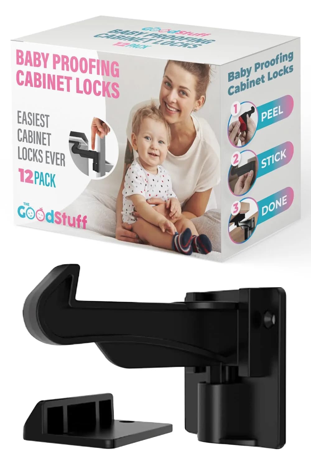 The Good Stuff Invisible Baby Cabinet Locks – No Tools Needed, 12 Pack | Secure Drawers & Cabinets - main product image