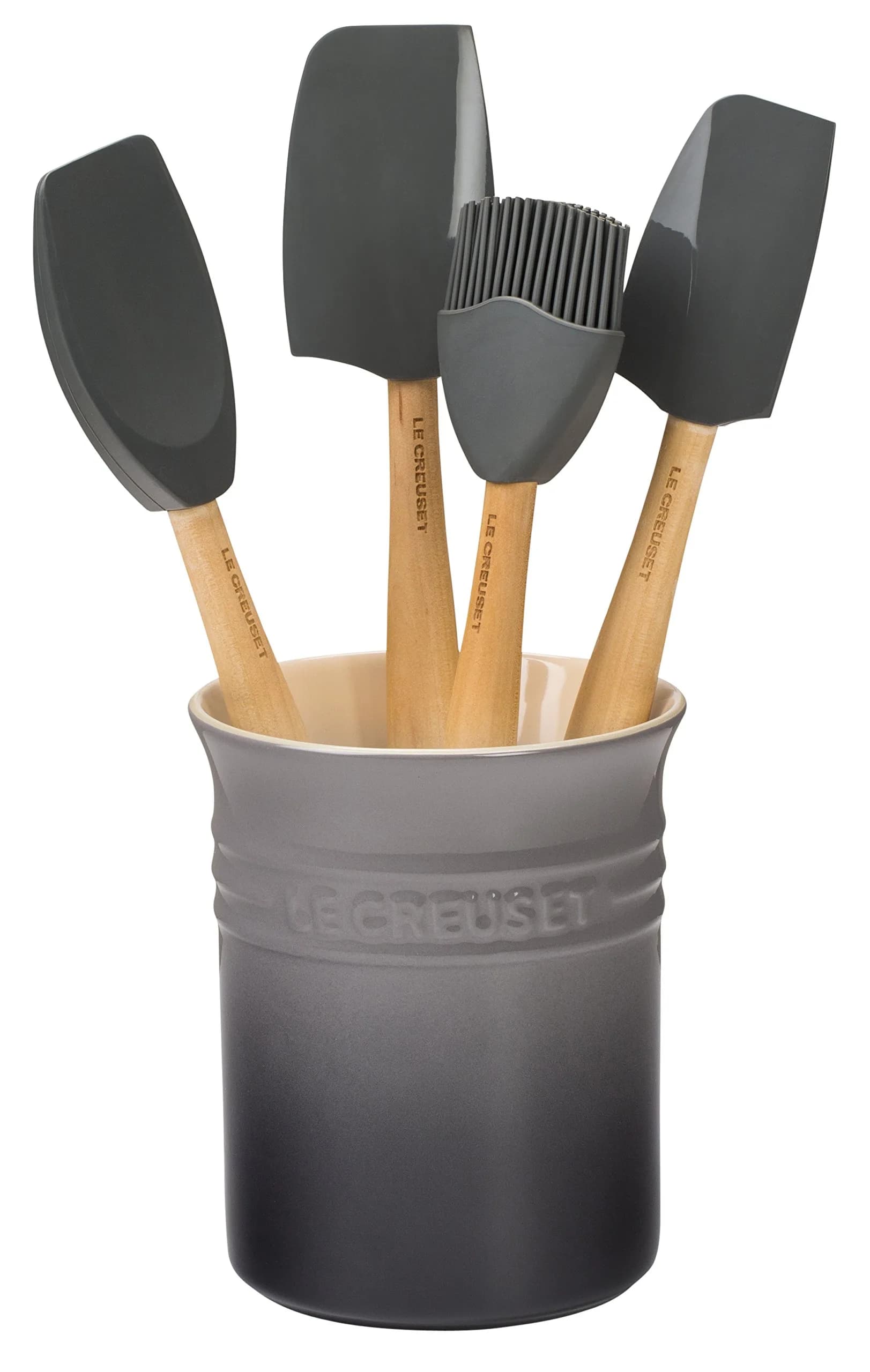 Le Creuset Stoneware & Silicone Utensil Crock Set with 3 Spatulas & Basting Brush, Oyster - main product image