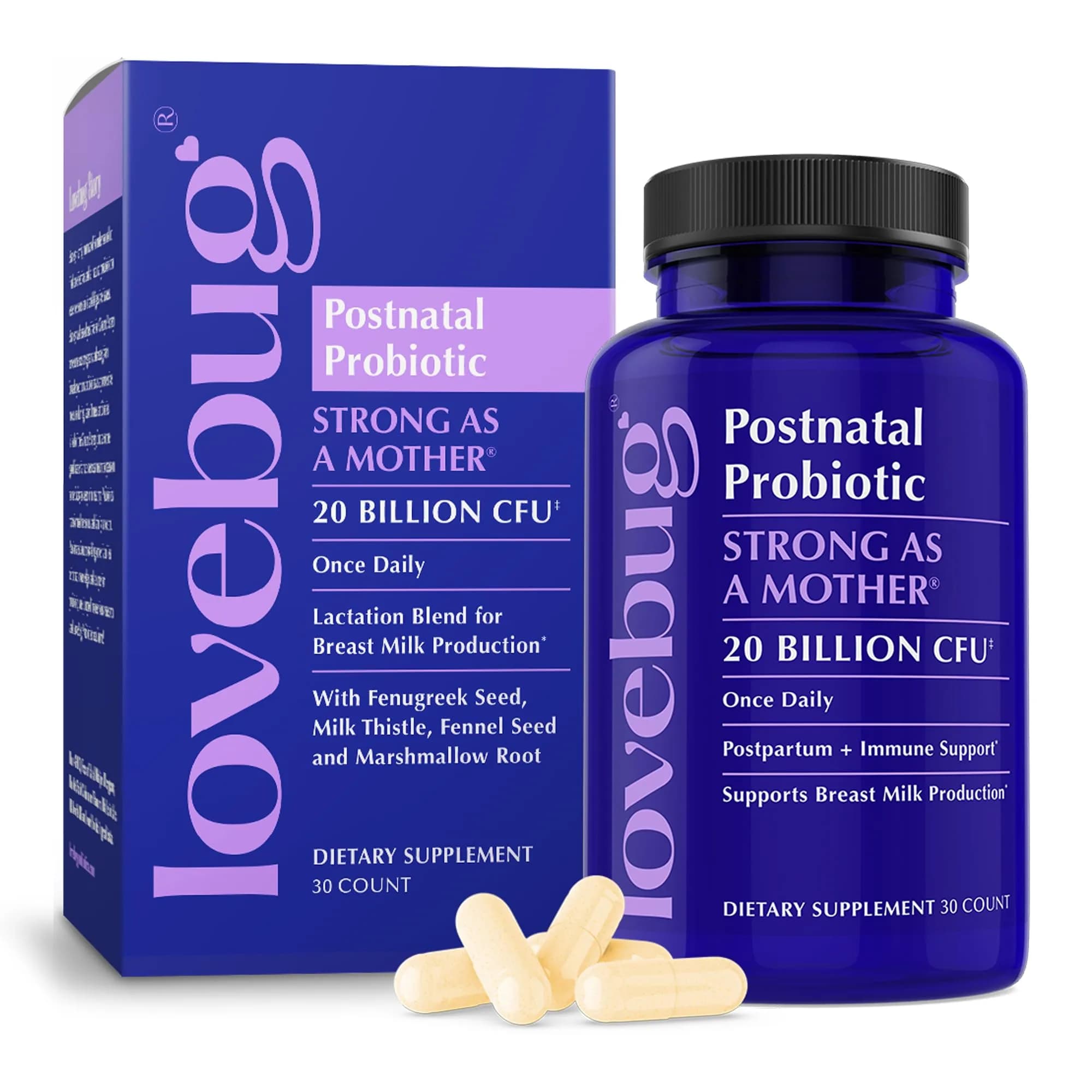 LOVEBUG Postnatal Probiotic & Lactation Blend for Breastfeeding, 30 Count | Supports Milk Supply & Gut Health