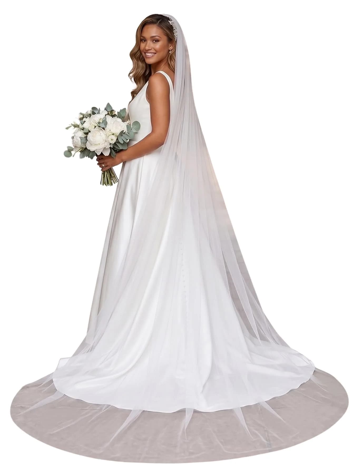 EllieWely 1 Tier Plain Tulle Wedding Bridal Veil Ivory 3M | Classic Elegant Bridal Accessory - main product image