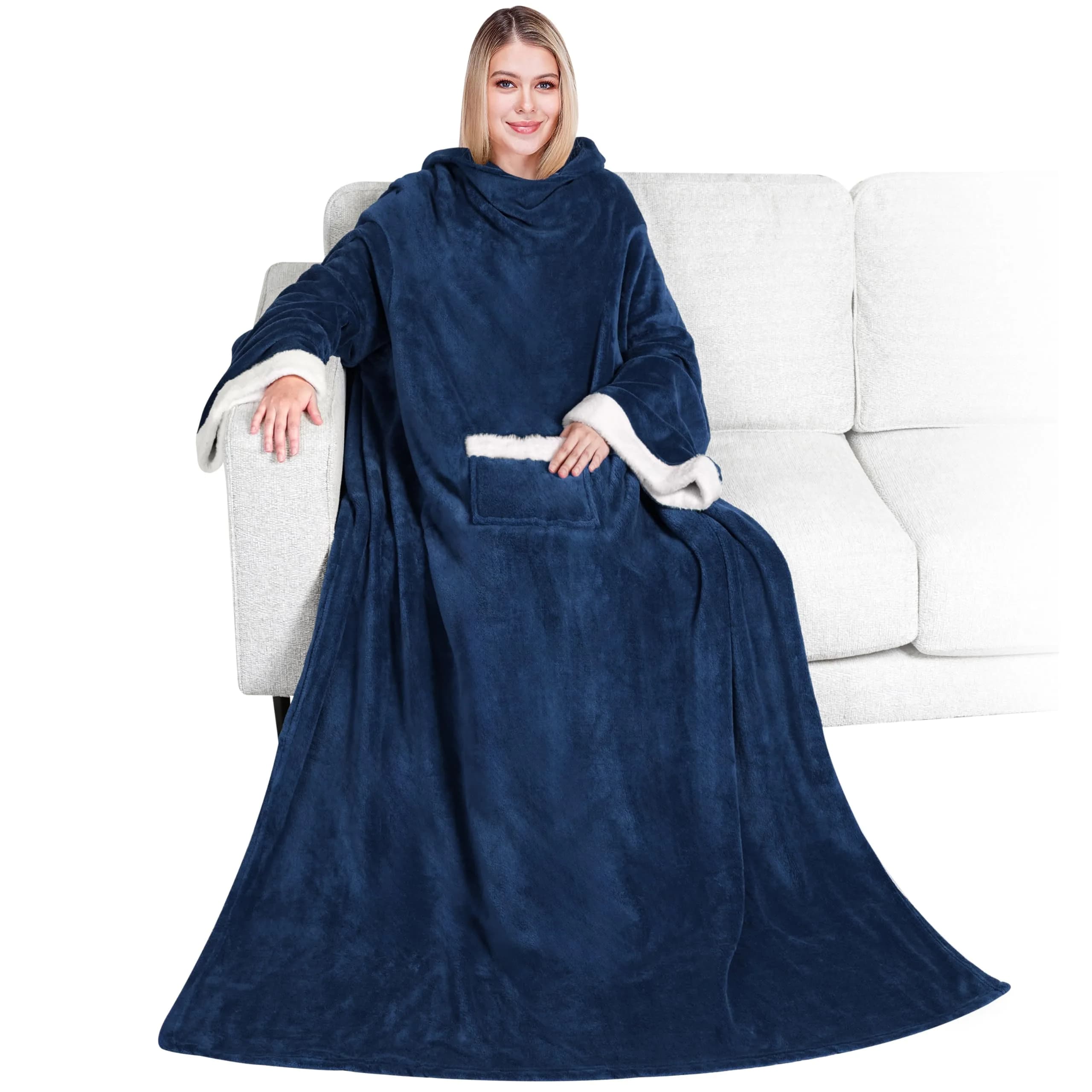 PAVILIA Wearable Blanket with Sleeves & Pocket | Cozy Fleece Snuggle Throw for Women & Men, Navy Blue - main product image