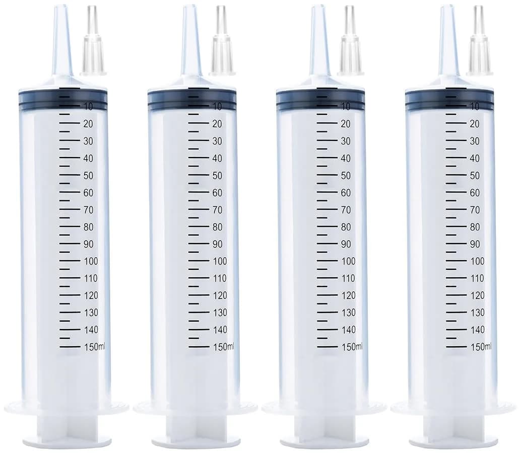 A AKRAF 150ml Syringe with Tip Adapter | Industrial Lab & Garden Use, 4 Pack, Large Plastic Syringes for Scientific & Watering Tasks - main product image