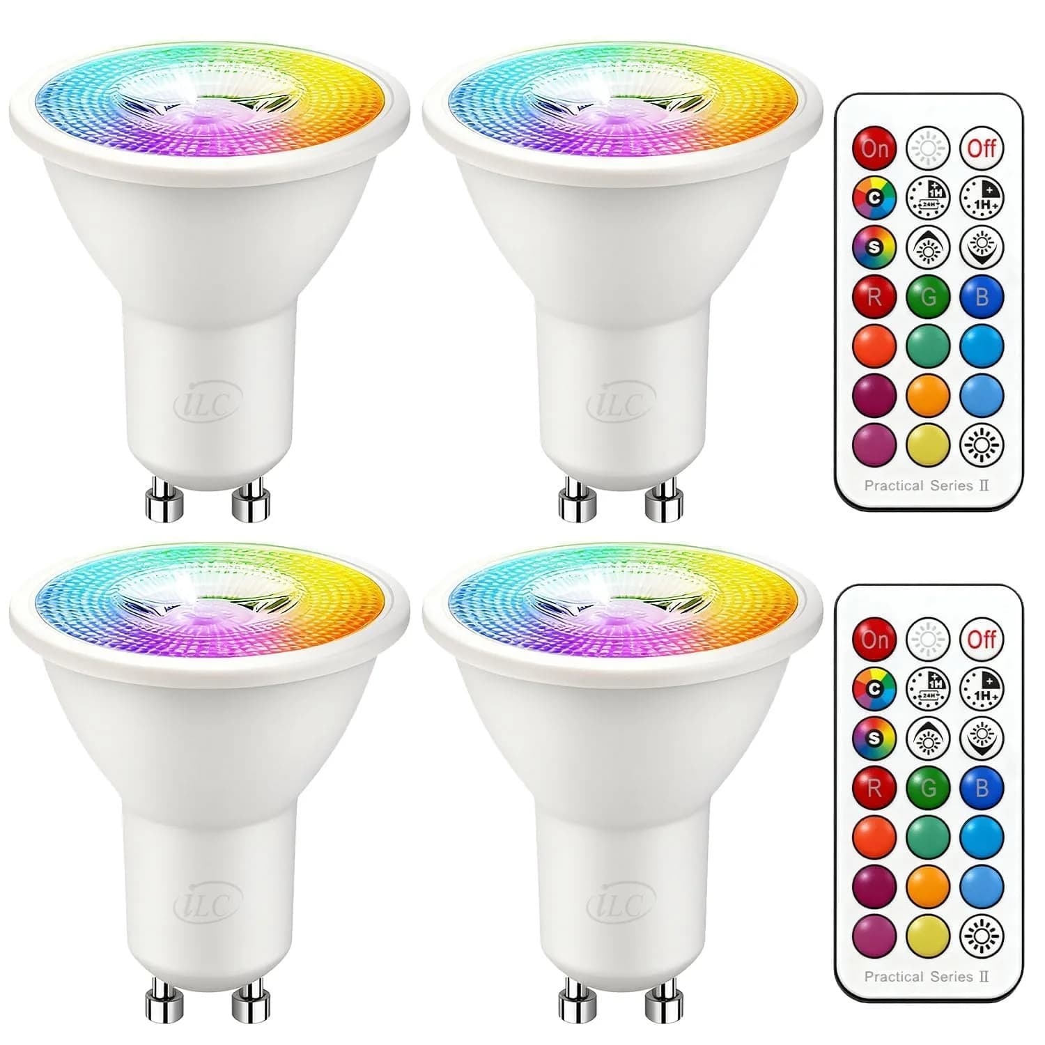 ILC GU10 LED Color Changing Light Bulb 5W (450 Lumens) with Remote Control, Pack of 4 | 12 Colors, 2700K Warm White - main product image
