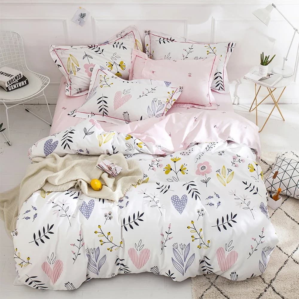 BuLuTu Floral Love Print Girls Duvet Cover Queen | Reversible Cotton Kids Bedding - main product image