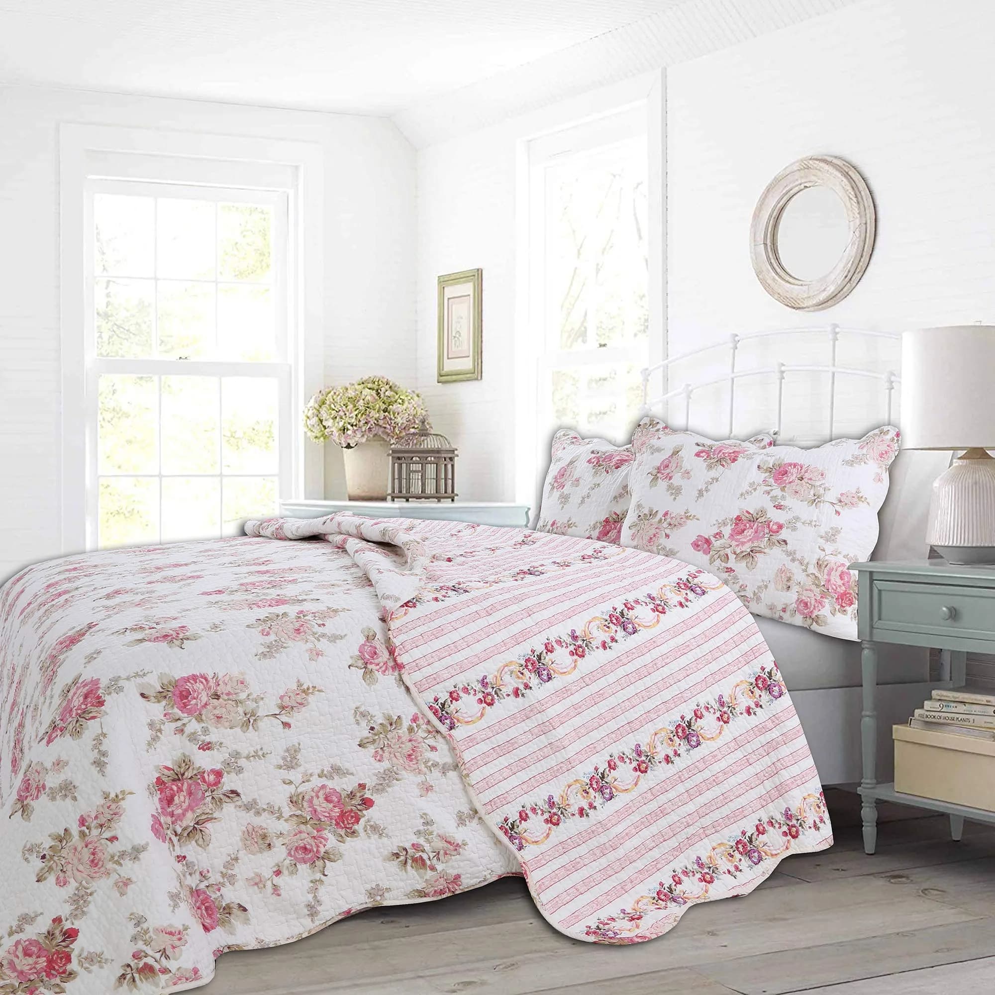 Cozy Line Home Fashions Romantic Pink Peony Floral 100% Cotton Reversible Quilt Bedding Set, Coverlet, Bedspread (Pink Peony, Queen - 3 Piece) - main product image