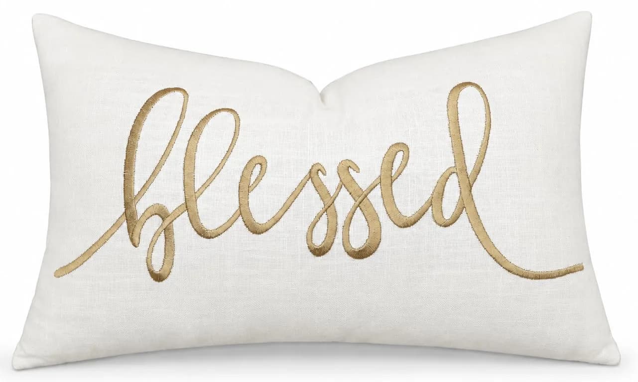 EURASIA DECOR Blessed Embroidered Lumbar Pillow Cover 12x20, Ivory | Faith Gift with Gold Embroidery - main product image