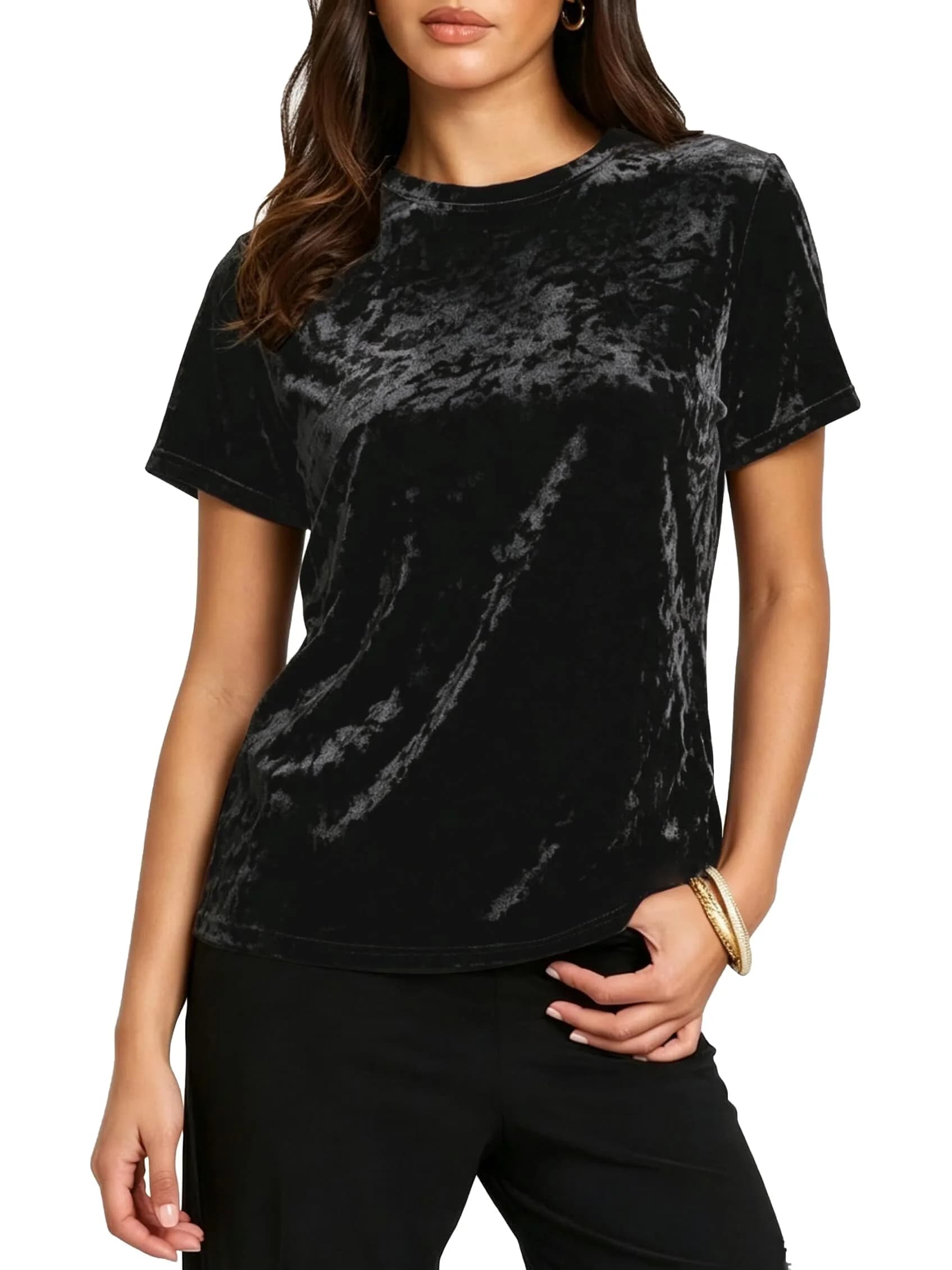 Urban CoCo Women's Crew Neck Velvet Top Short Sleeve T-Shirt Black | Retro Style, Soft Polyester Blend - main product image