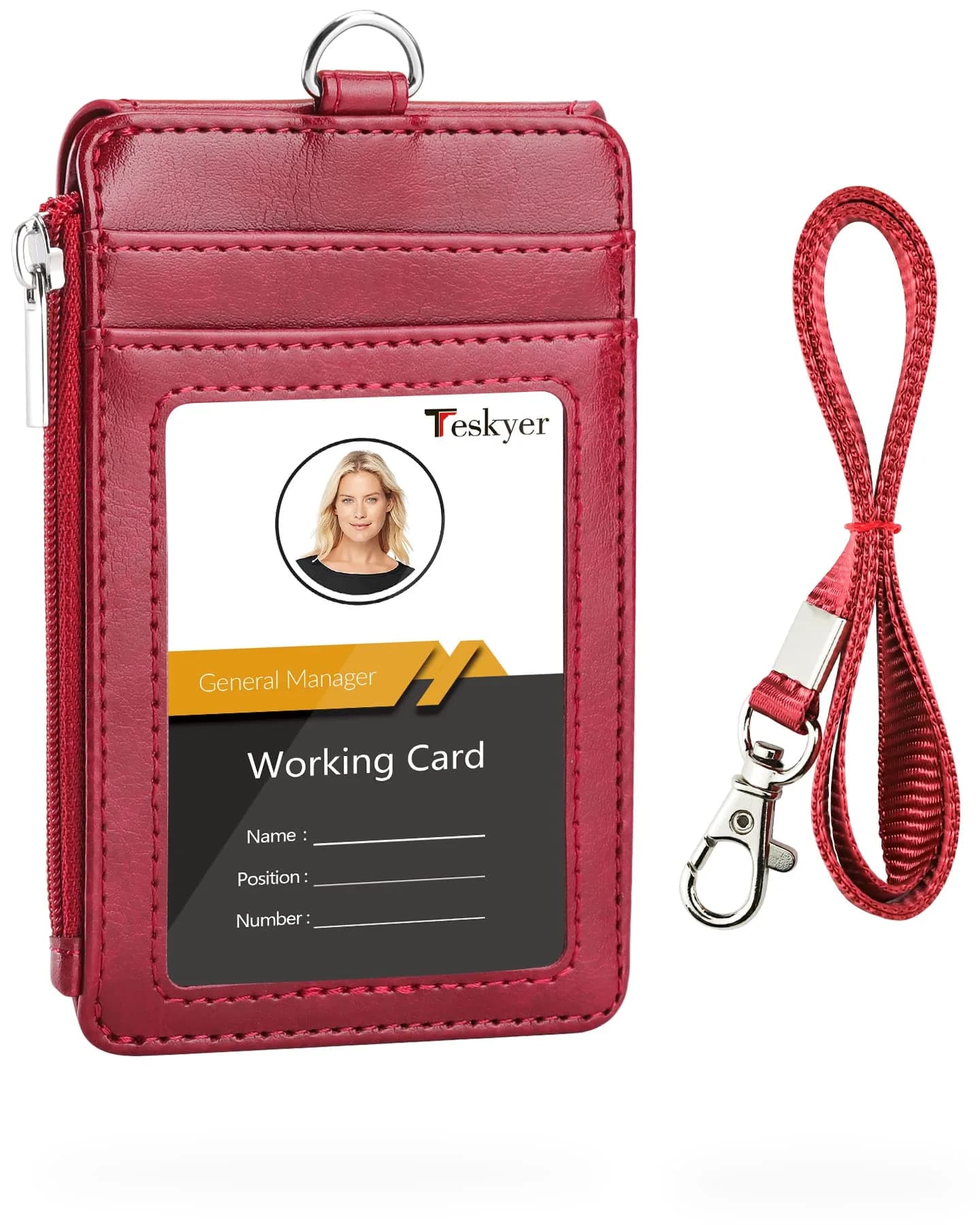 Teskyer Leather ID Badge Holder with Lanyard, Lanyard Wallet, Wine Red | Durable Leather Badge Wallet with 4 Card Slots & Zipper