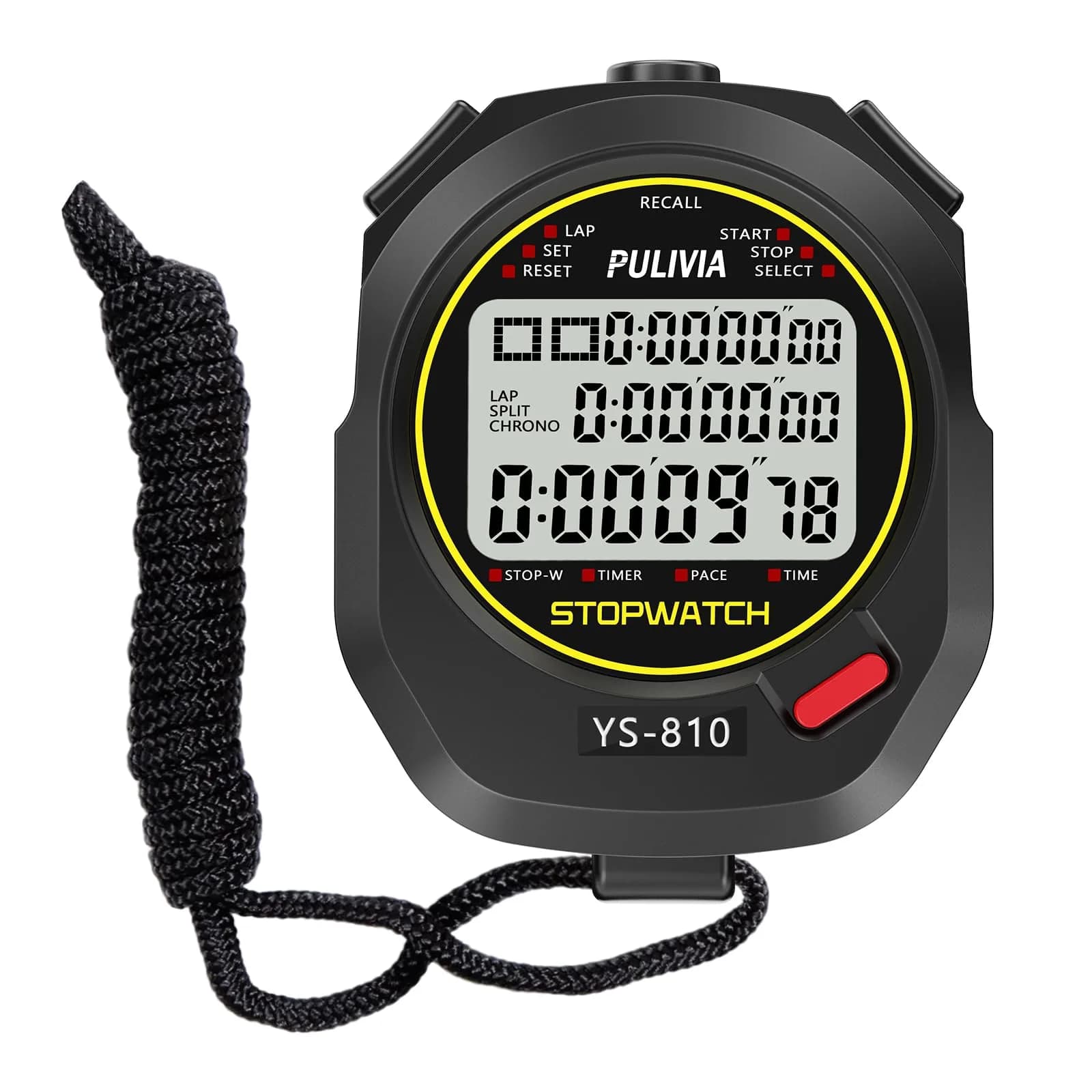 PULIVIA Digital Stopwatch Timer Multi Splits/Laps with Countdown, Alarm, Pace Mode | 1/100 Second Accuracy - main product image