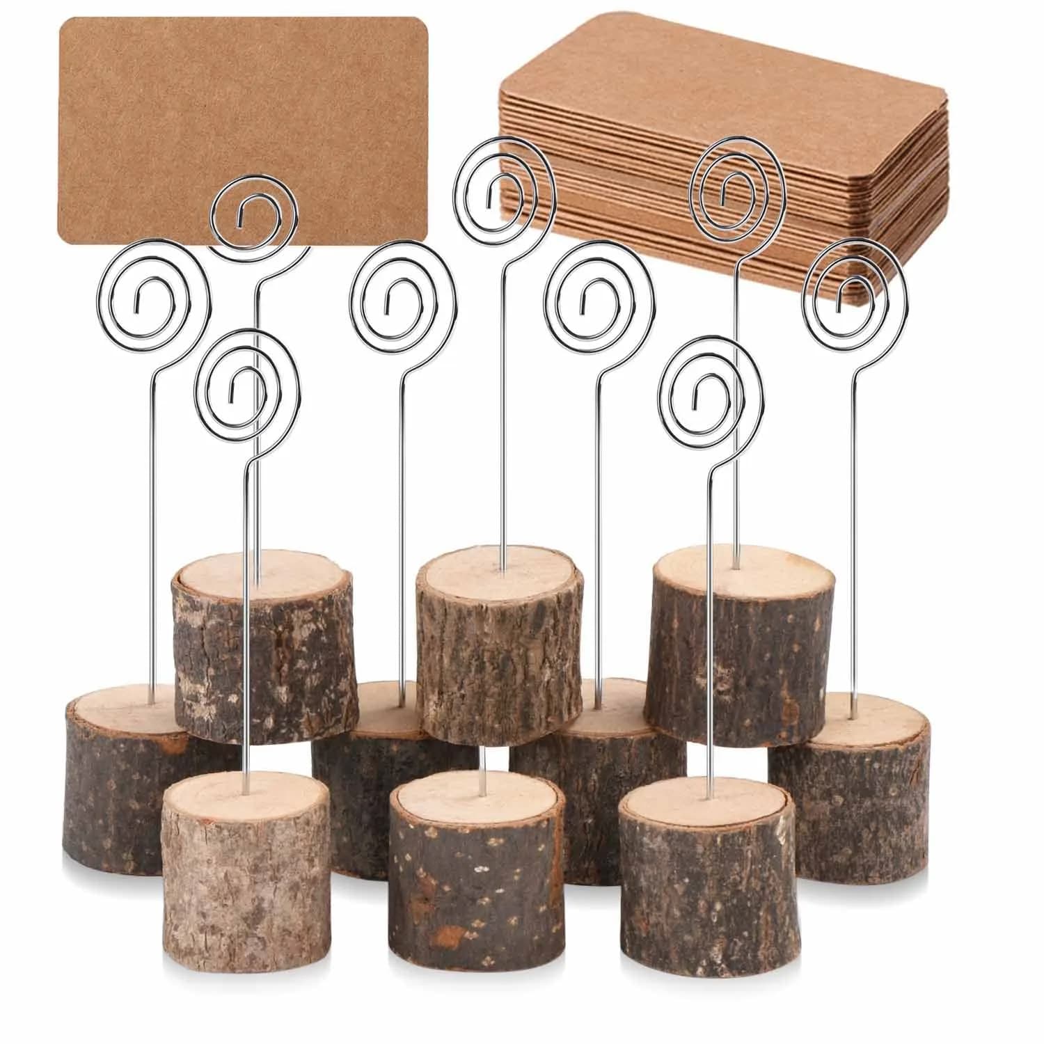 Toncoo 10Pcs Rustic Wood Place Card Holders with Swirl Wire & 20 Kraft Cards | Elegant Table Markers for Weddings & Events - main product image