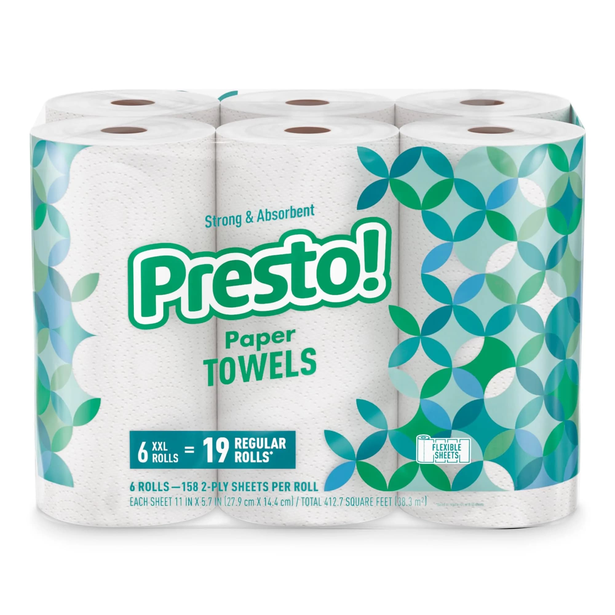 Presto! Ultra-Strong Premium Paper Towels 6 Rolls | 158 Sheets per Roll, White, Flex-a-Size, Equivalent to 19 Regular Rolls