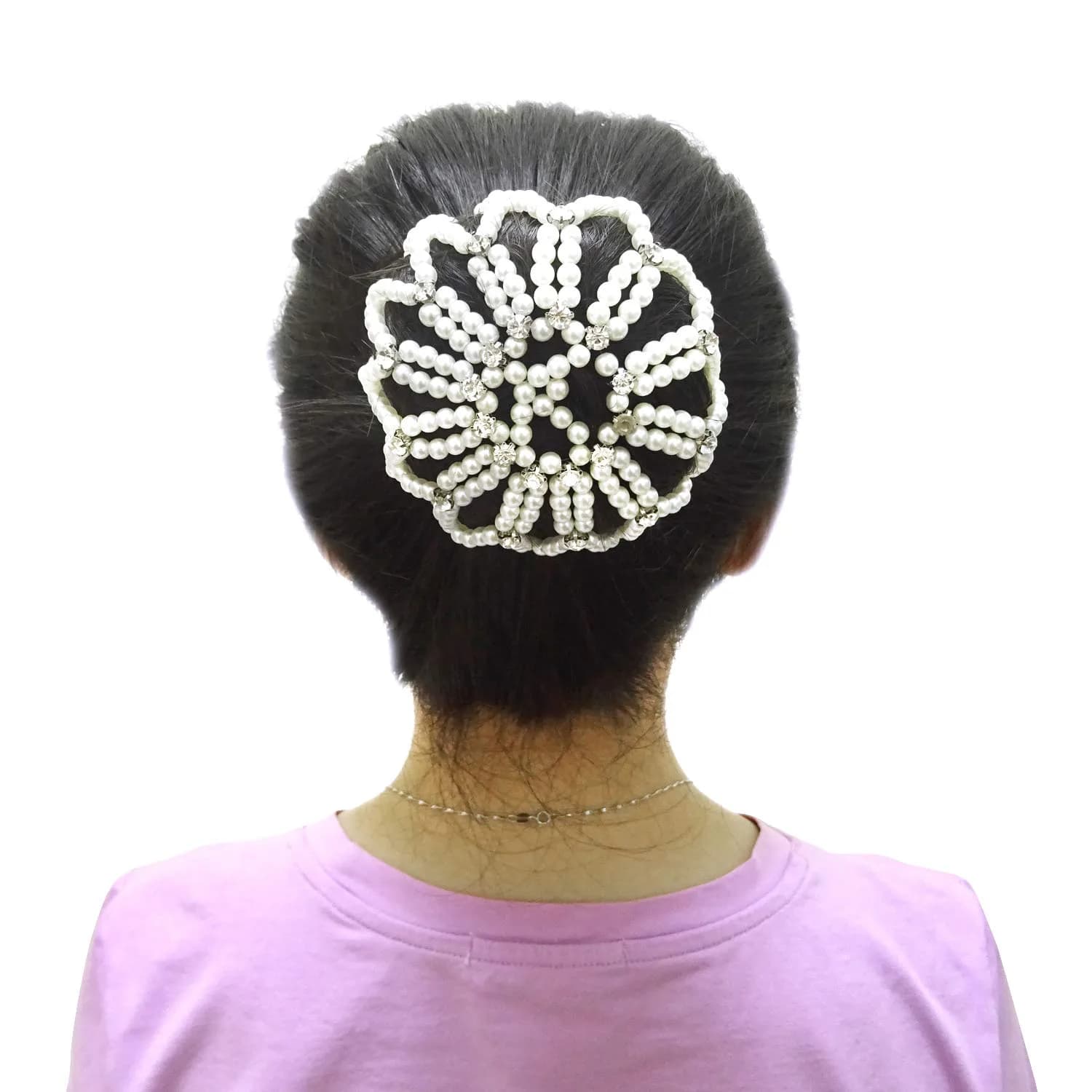 Honbay Hair Bun Cover Elastic Handmade Crochet Hair Net Snood with Pearls and Rhinestones for Ballet, Dance, Skating, etc (White) | Elegant Hair Bun Accessory - main product image