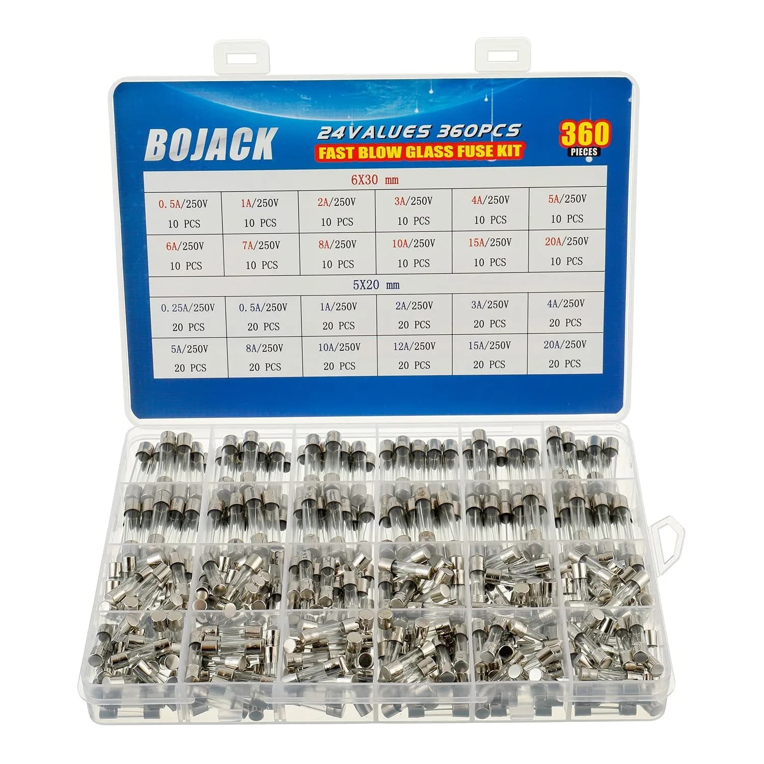BOJACK Fast-Blow Glass Fuse Assortment Kit 360 pcs (5x20mm & 6x30mm) | 250V Cartridge Fuses - main product image