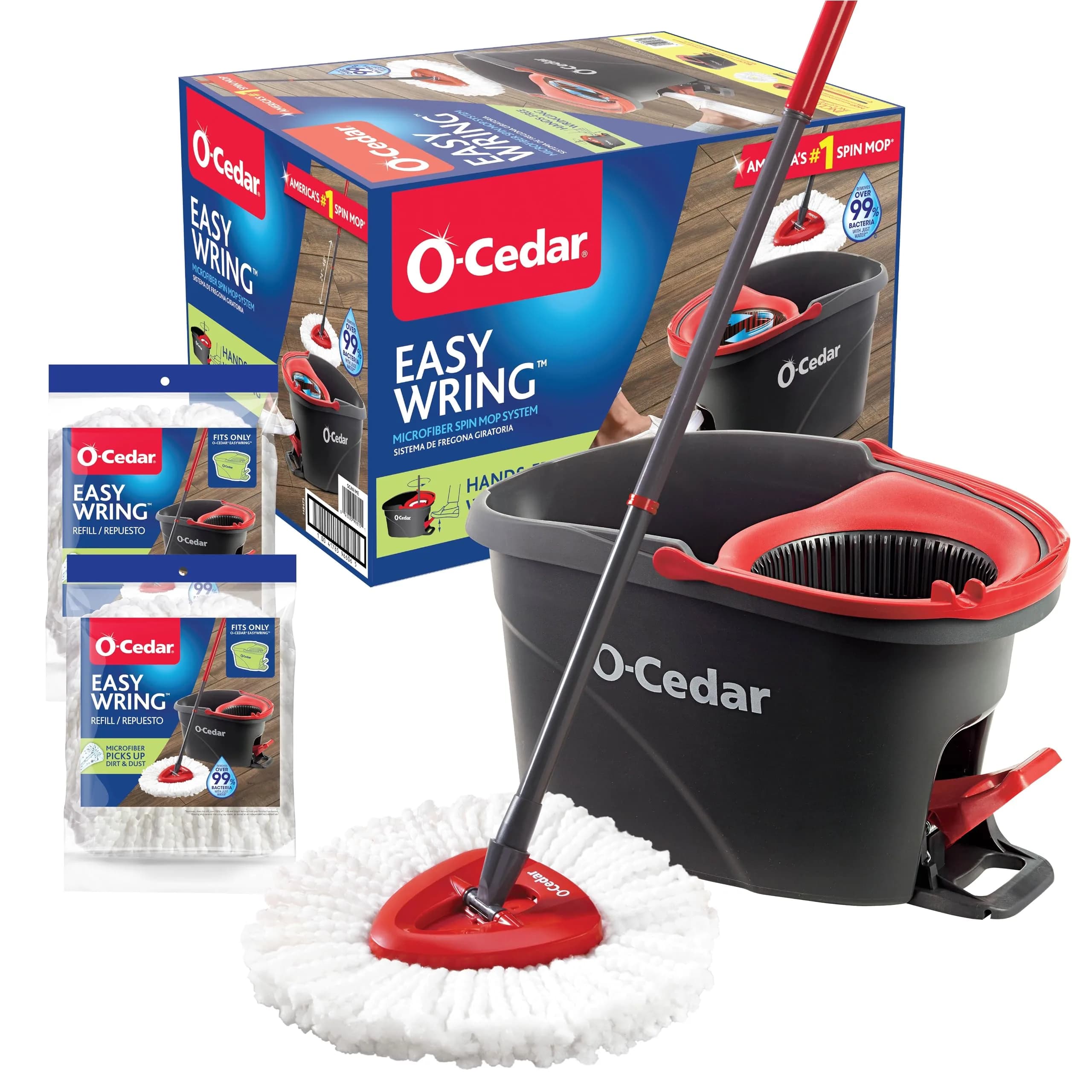 O-Cedar EasyWring Microfiber Spin Mop & Bucket Floor Cleaning System with 3 Refills, Red/Gray | Cleans 99% Bacteria with Water - main product image