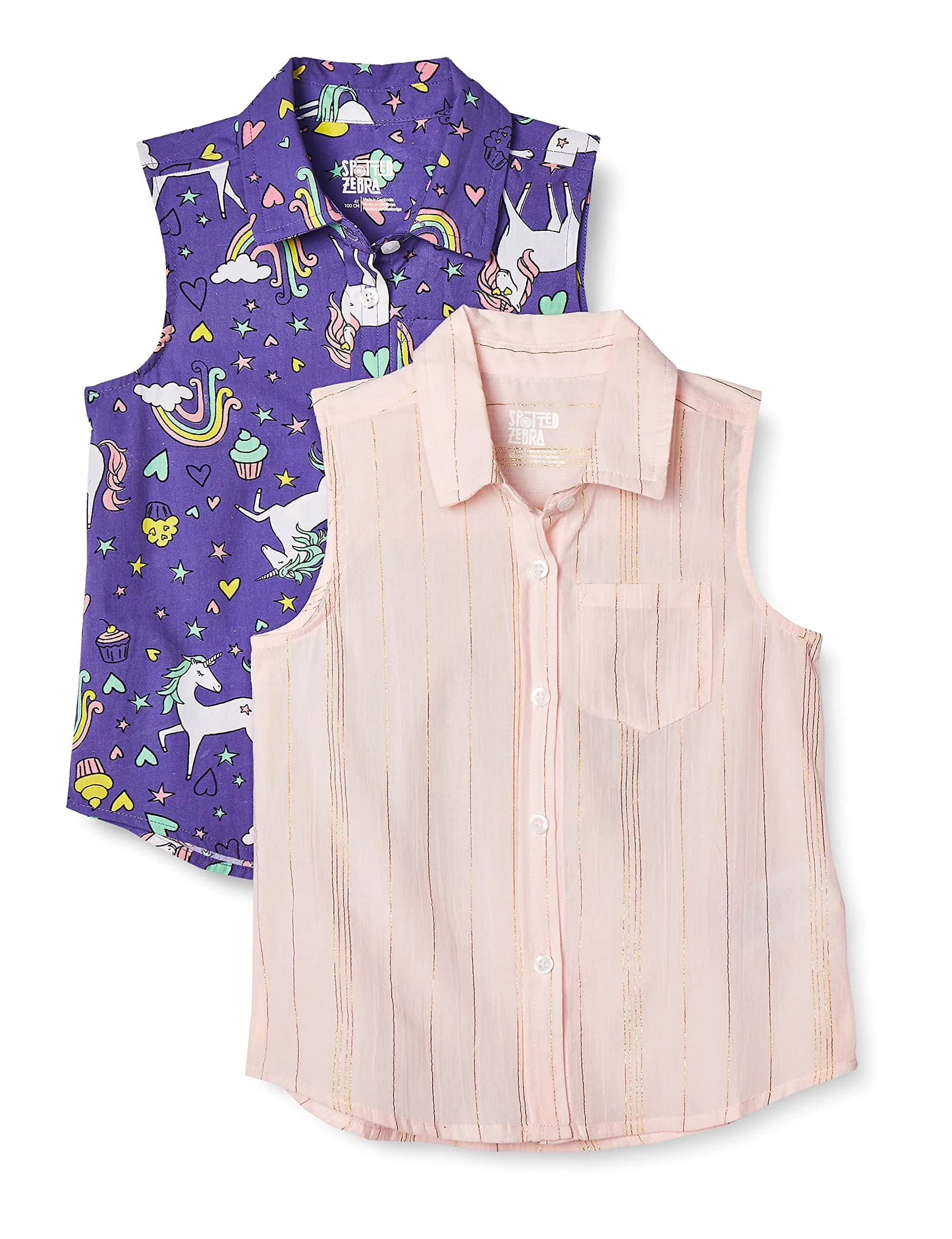 Spotted Zebra Girls' Sleeveless Woven Tops 2-Pack | Unicorn & Metallic Stripe | 2T