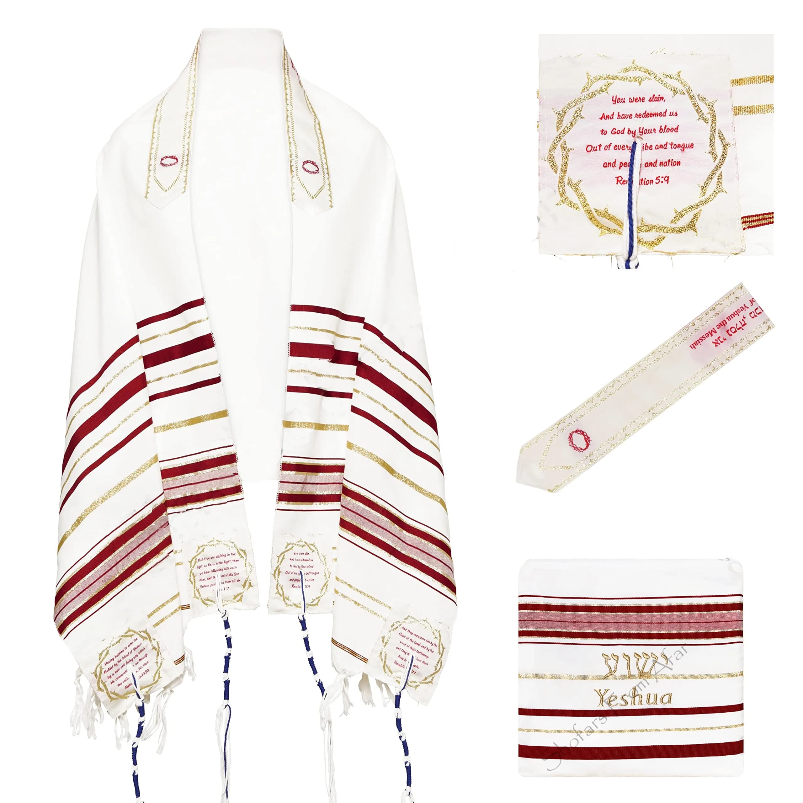 Shofars From Afar The Blood of Yeshua Jesus Red Tallit Prayer Shawl with Matching Yeshua Tallit Zipper Bag | Faithful Red & Gold Design (72x22 inches) - main product image
