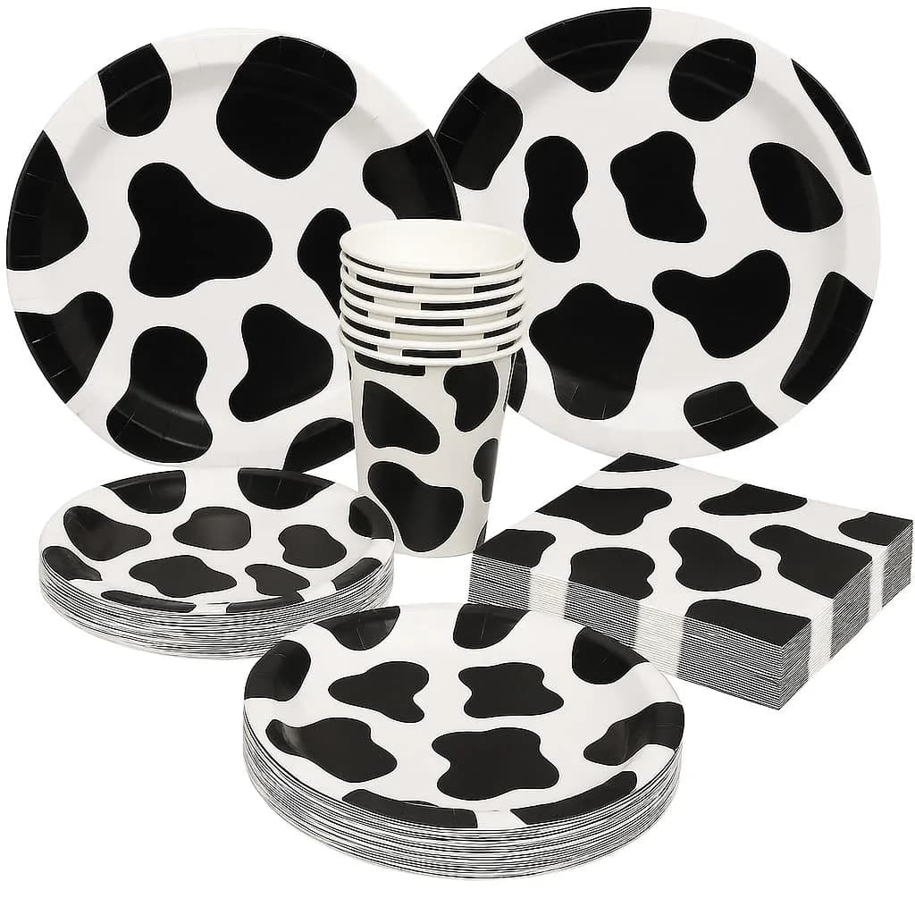 Oojami Cow Print Party Supplies Pack for 30 Guests | 120 Pcs Dinner Plates, Dessert Plates, Cups, Napkins - main product image
