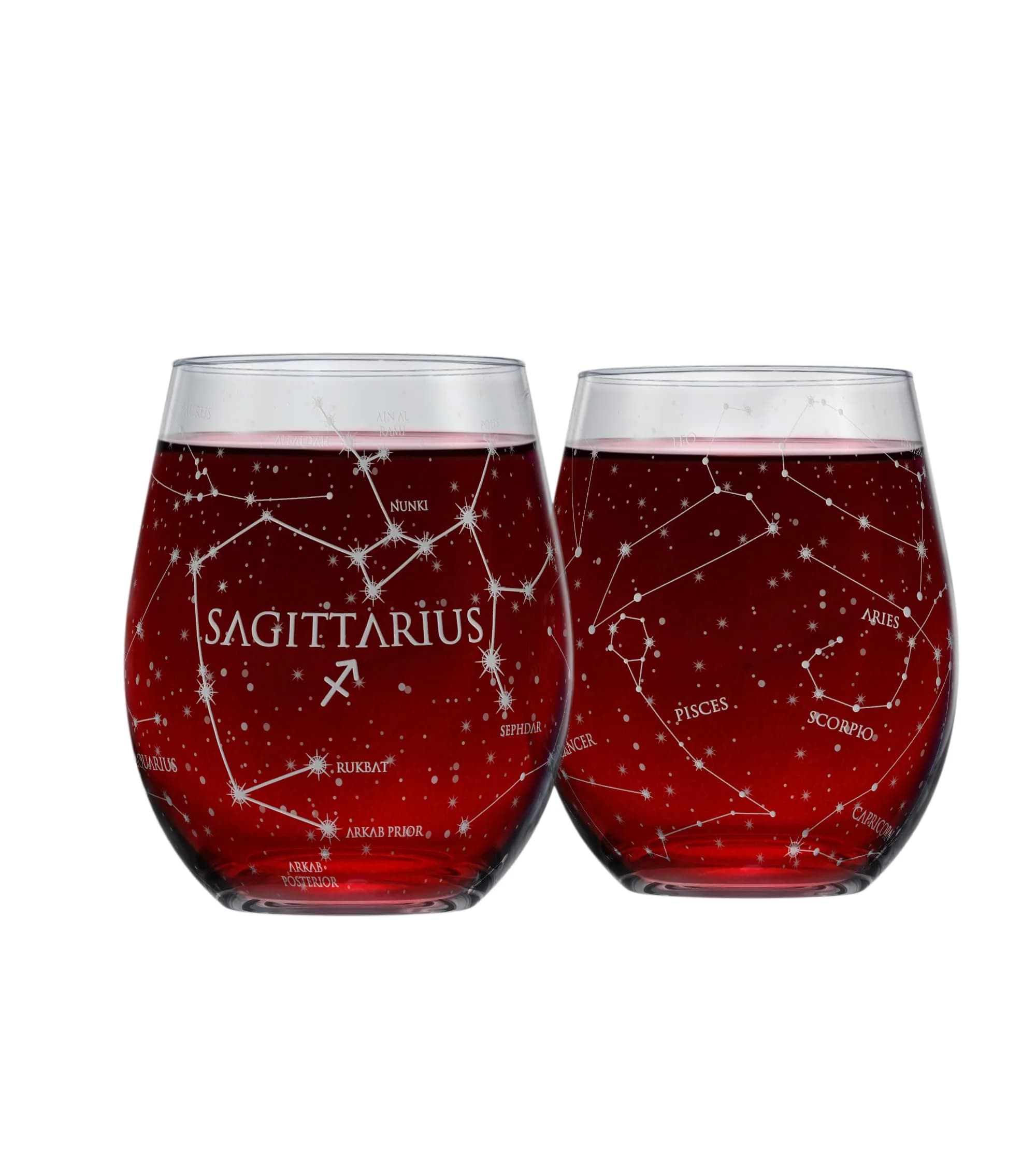 Greenline Goods Sagittarius Zodiac Stemless Wine Glasses 15 oz | Hand Etched Astrology Sign - main product image