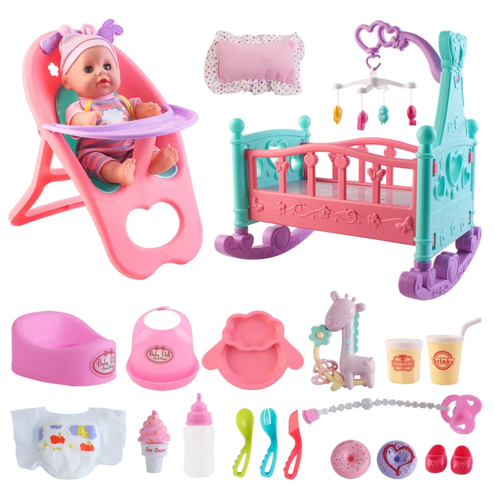 deAO Baby Doll Play Set with Crib, High Chair & Accessories, 12" Doll | Ages 3+ - main product image